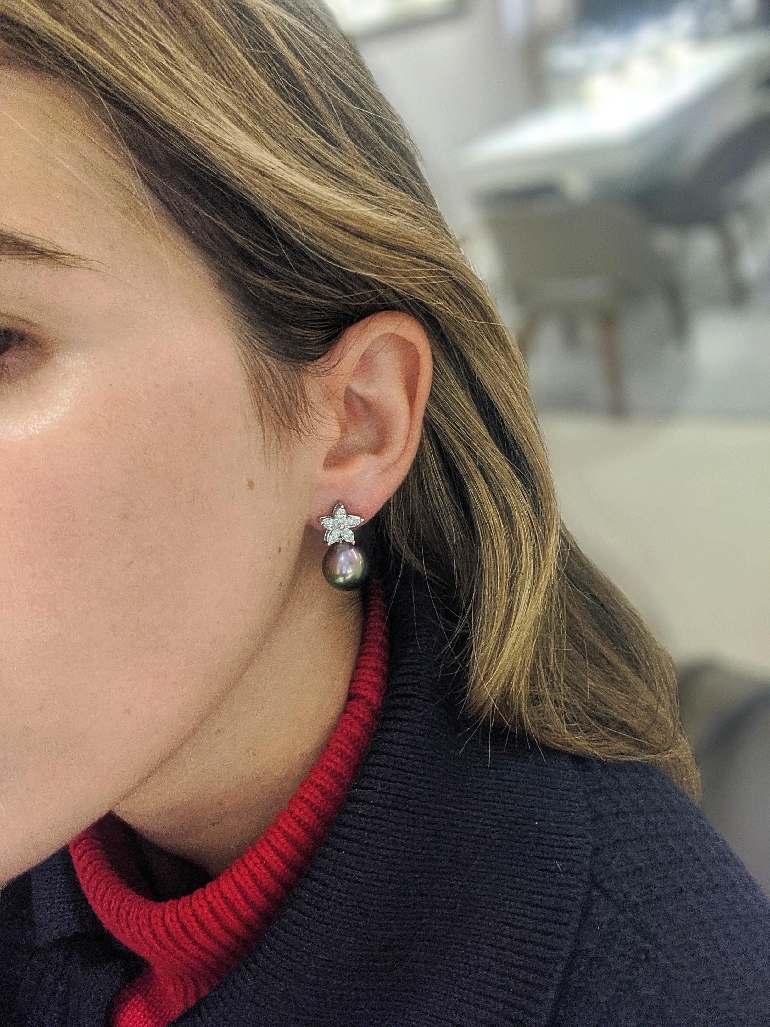 Cellini Jewelers NYC exquisite pair of drop earrings featuring Black Tahitian pearls 14 x 12.3 mm. The peacock colored pearls drop from a diamond flower made up of five marquis diamonds in each ear. The platinum earrings have a post back with a