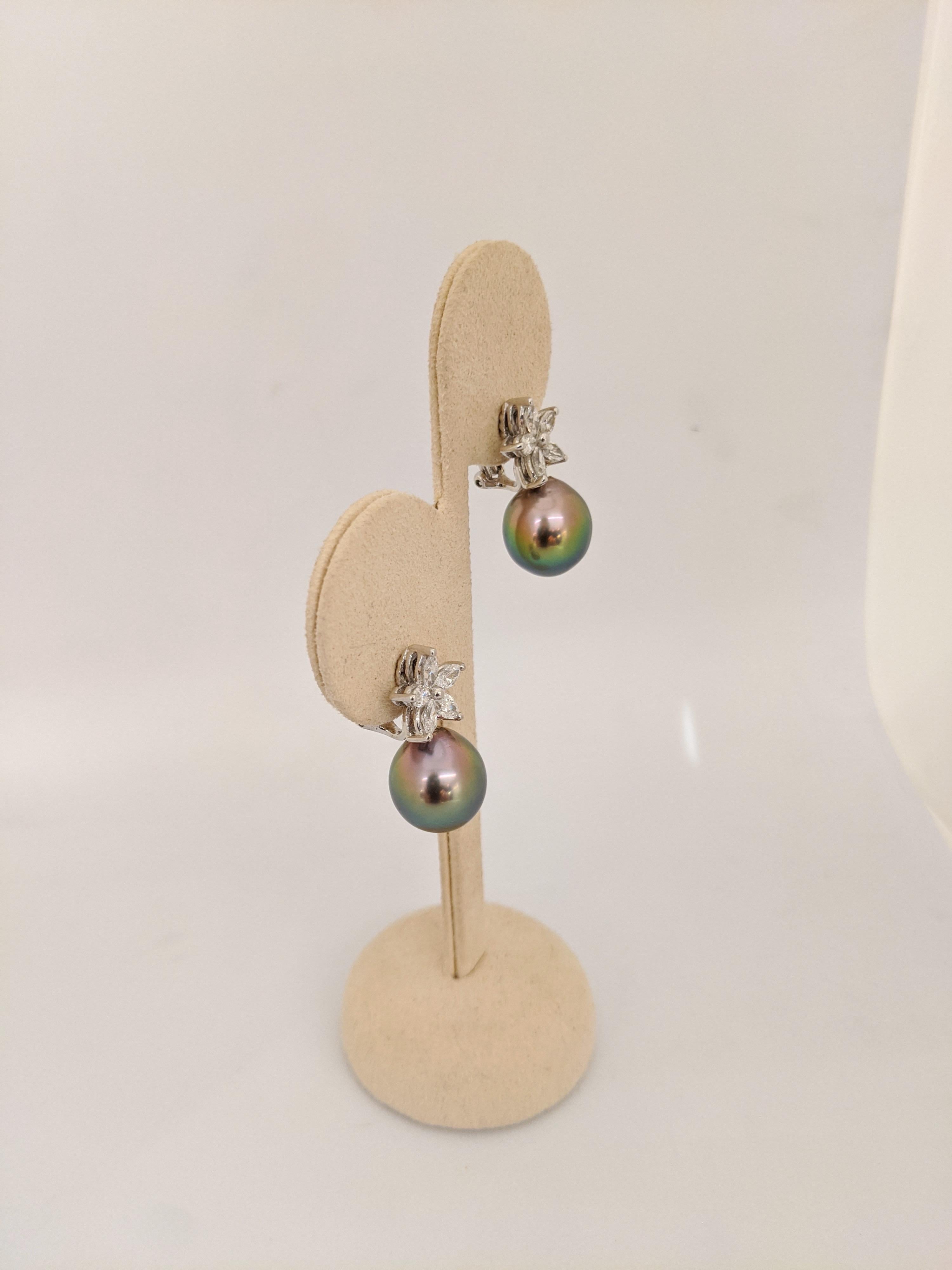 Marquise Cut Platinum Drop Earrings with 1.48 Carat Diamonds and Black Tahitian Pearls For Sale