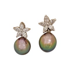 Retro Platinum Drop Earrings with 1.48 Carat Diamonds and Black Tahitian Pearls
