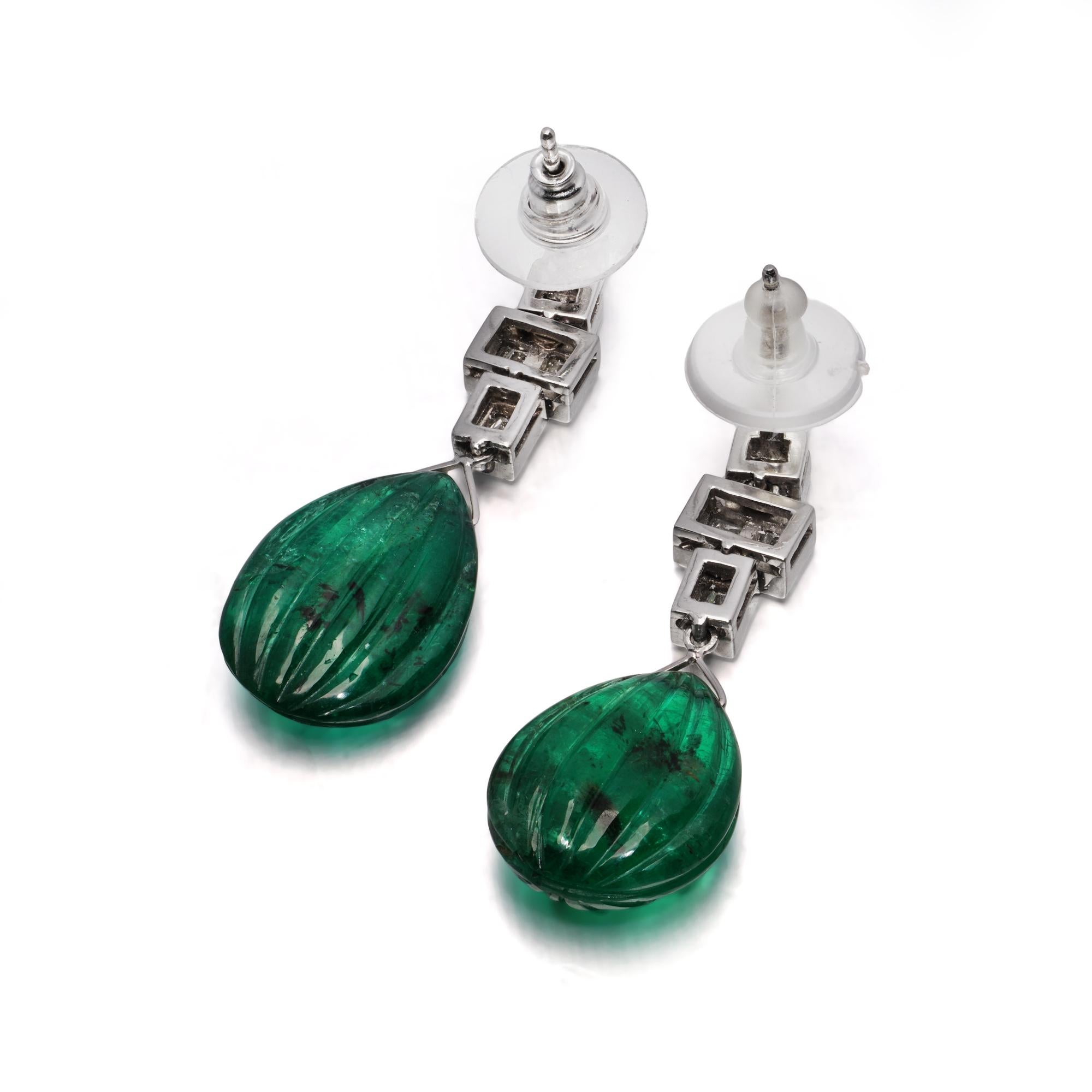 Cabochon Platinum Drop Earrings with 18.25ct Carved Emeralds & Baguette Diamonds For Sale
