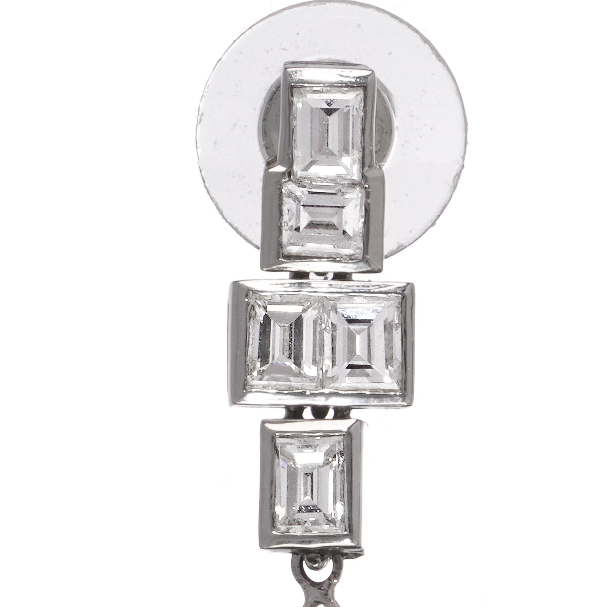 Platinum Drop Earrings with 18.25ct Carved Emeralds & Baguette Diamonds In Good Condition For Sale In Braintree, GB