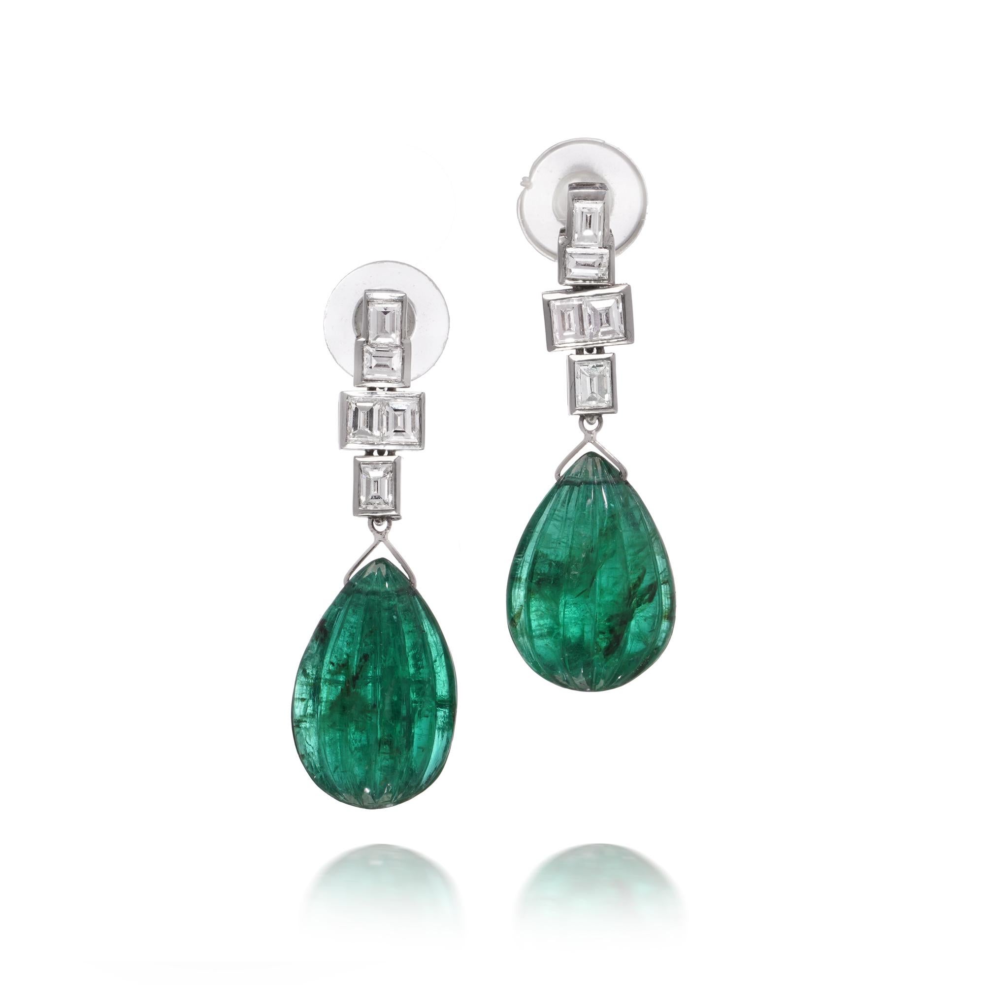Platinum Drop Earrings with 18.25ct Carved Emeralds & Baguette Diamonds For Sale 1