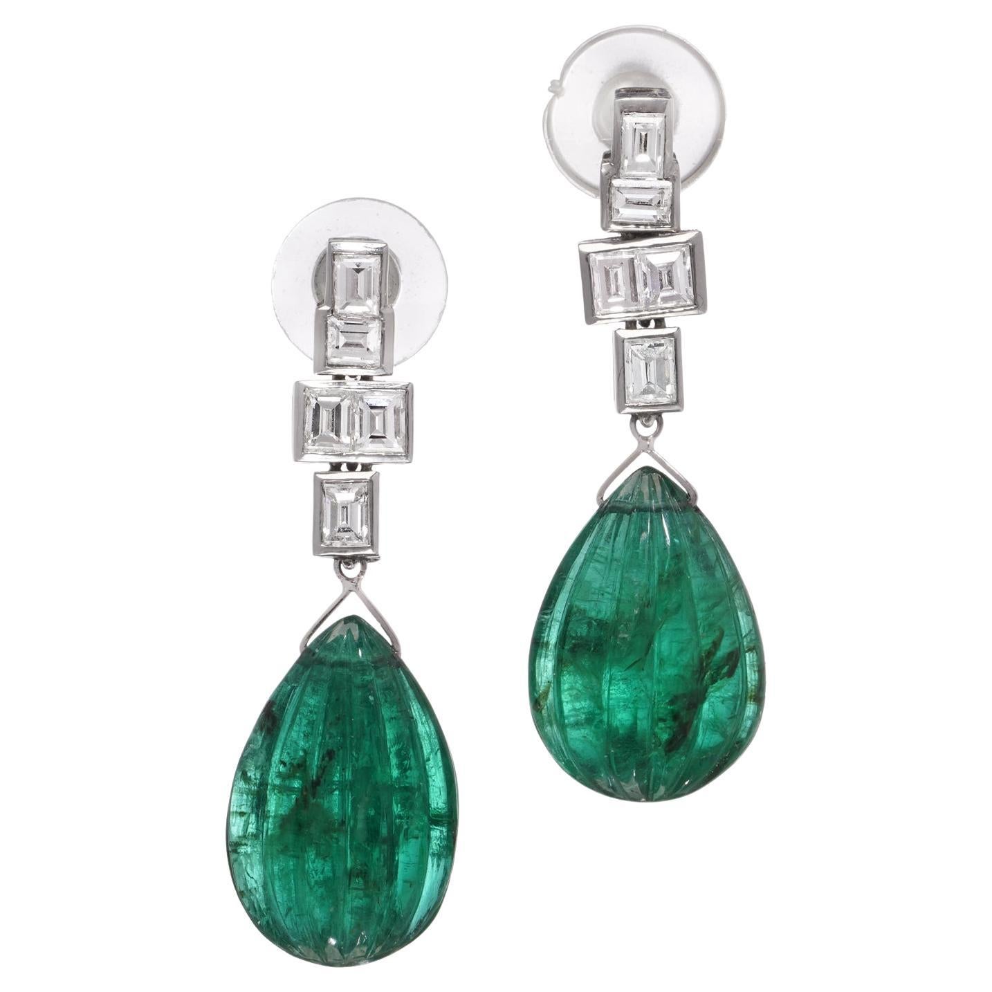 Platinum Drop Earrings with 18.25ct Carved Emeralds & Baguette Diamonds For Sale
