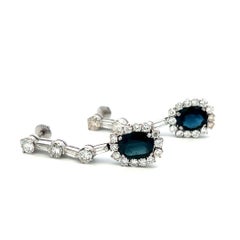 Platinum Drop Earrings with 3.9 Ct Oval Round & Baguette Diamond 4.6 Ct Sapphire