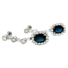 Platinum Drop Earrings with 3.9 Ct Oval Round & Baguette Diamond 4.6 Ct Sapphire