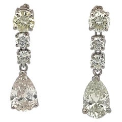 Platinum Drop Earrings with 4.25 Carat Round & Pear Diamonds J SI GIA