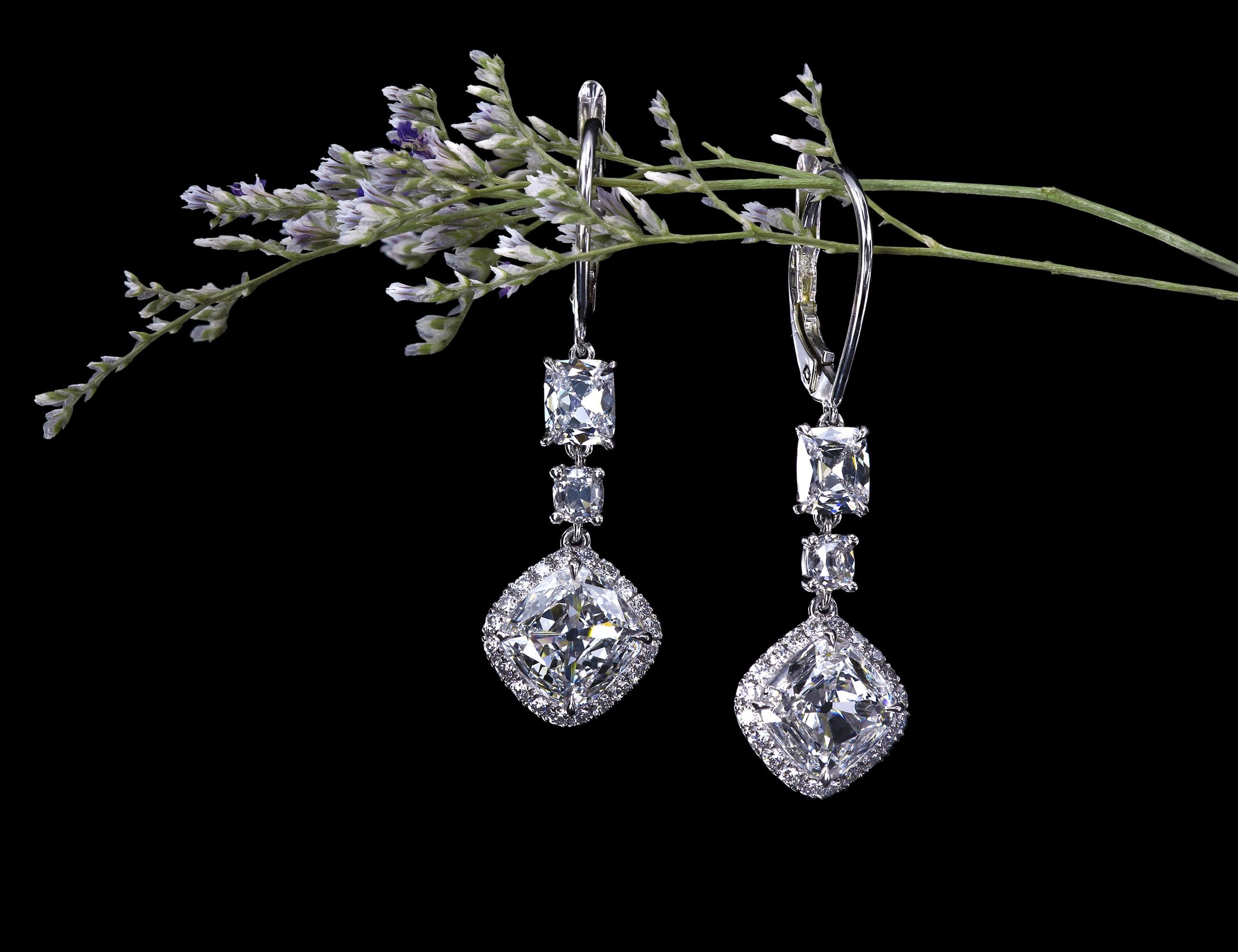 Artisan Leon Mege Platinum Drop Earrings with Antique Cushion Diamonds and Micro Pave