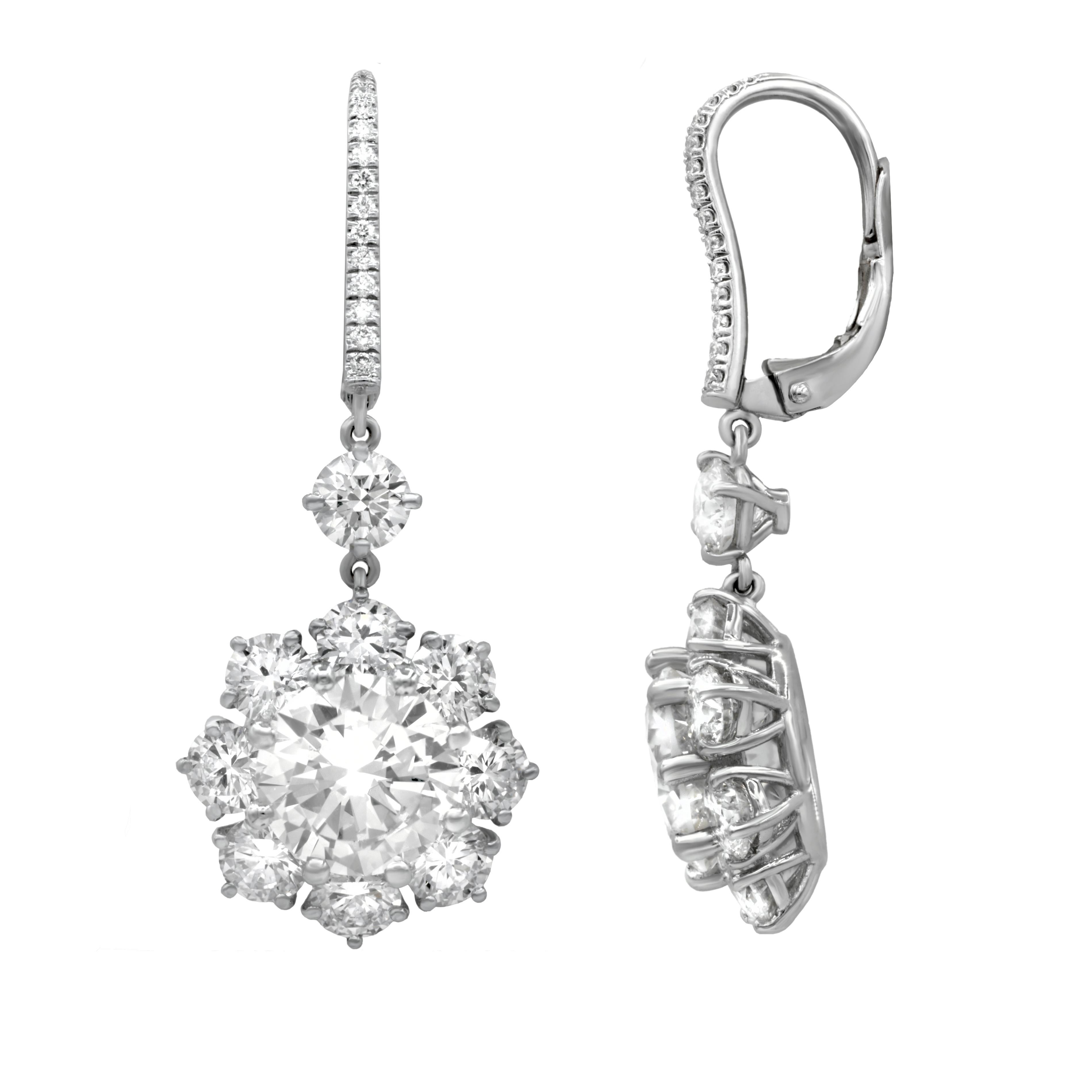Platinum diamond dl drop earrings with center diamonds 3.28ct+3.39ct center GIA certified  k-vs2 and additional 5.00 of large round diamonds total weight 12.17cts diamonds 

