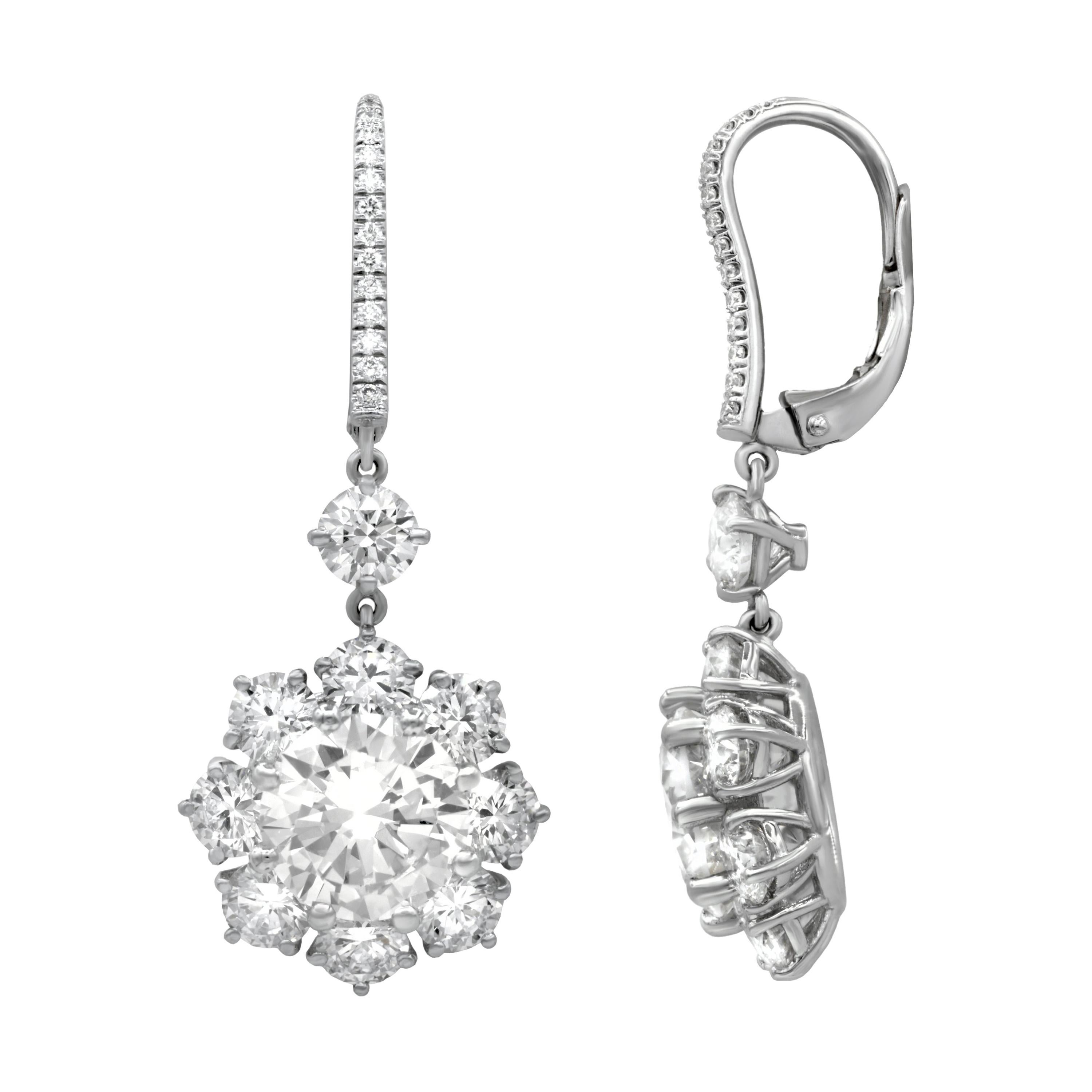 Platinum Drop Earrings with Center Diamonds For Sale