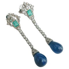 Vintage Earrings Saphphire 20.27 Ctw. Emerald and Brilliant Cut Diamond Platinum