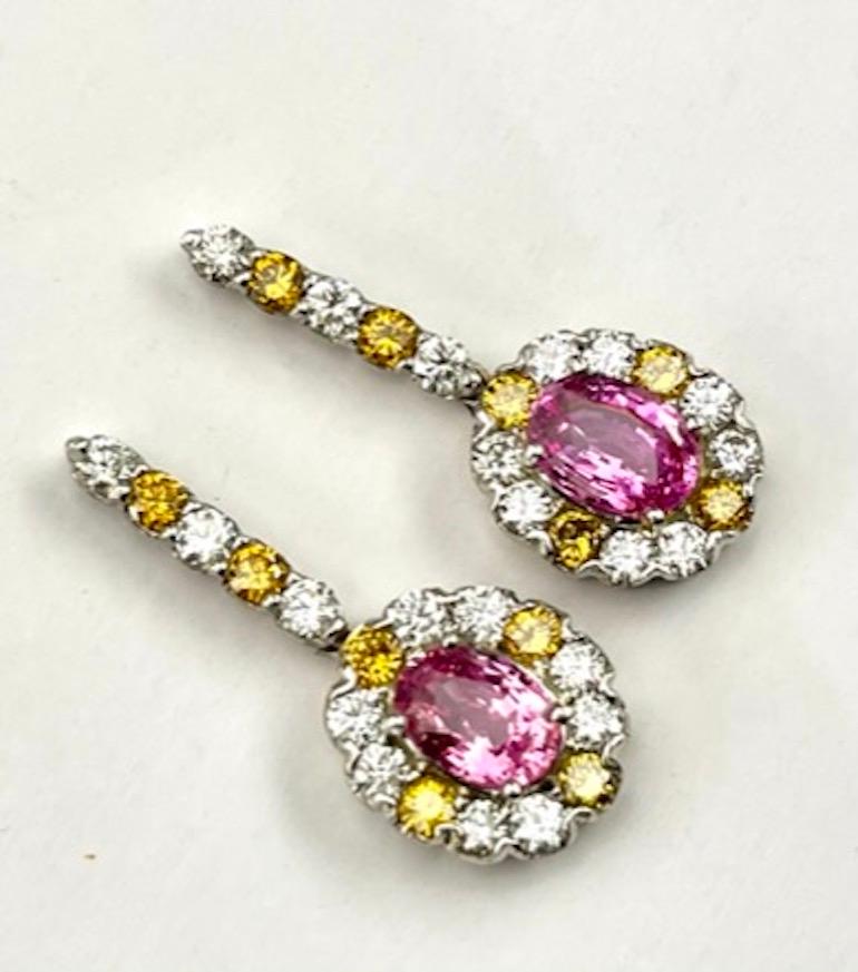 Platinum Earring With a 1.83CT and 1.77Ct Pink Orange Sapphires In New Condition For Sale In San Diego, CA