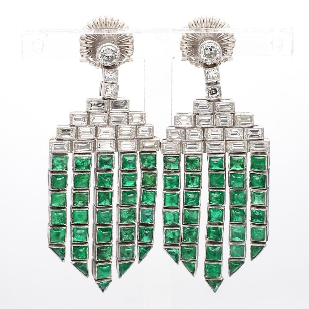 Baguette Cut Platinum Earrings with 2.15ct Diamond Baguettes & 7.30ctw Emerald Cabochons For Sale