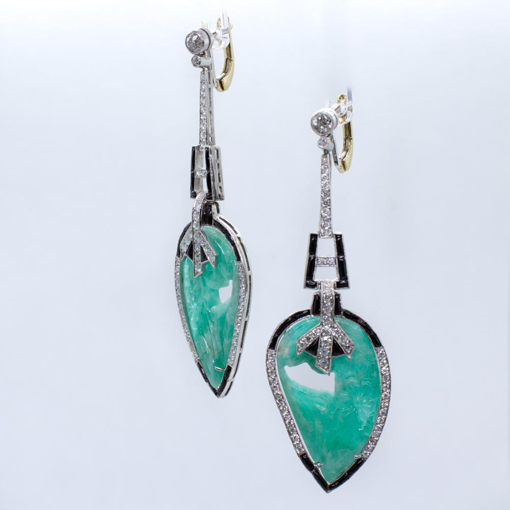 Platinum Earrings with Carved Emeralds, Round Brilliant Cut Diamonds, and Onyx A In Good Condition For Sale In Scottsdale, AZ