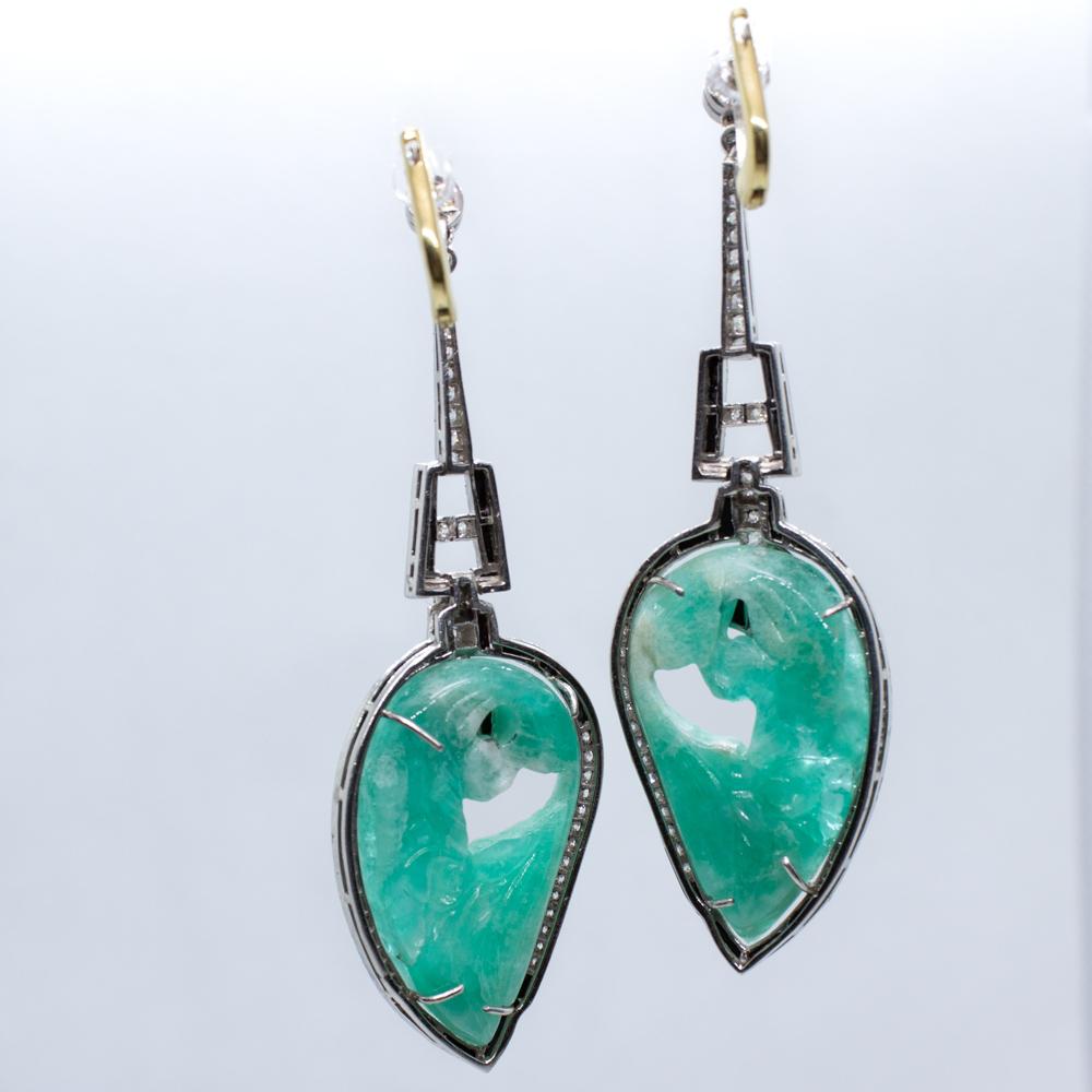 Women's Platinum Earrings with Carved Emeralds, Round Brilliant Cut Diamonds, and Onyx A For Sale