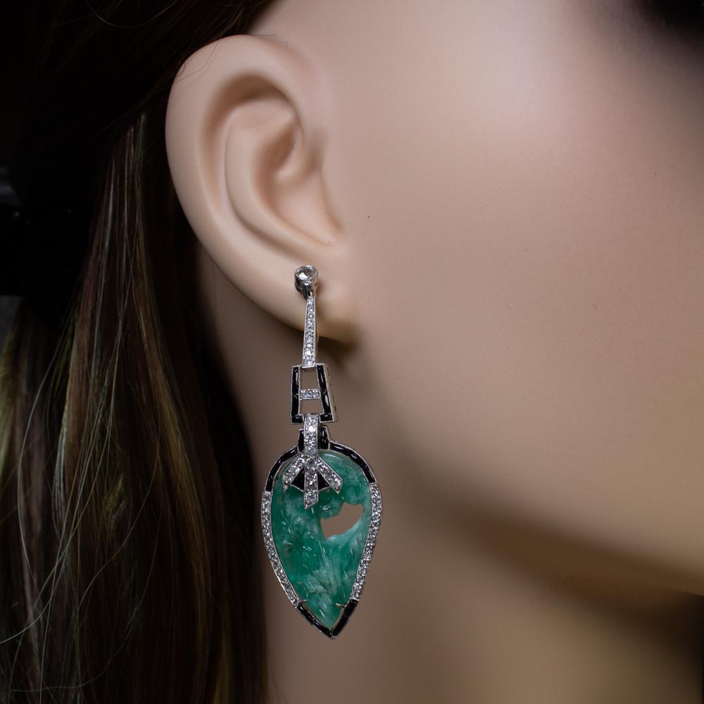 Platinum Earrings with Carved Emeralds, Round Brilliant Cut Diamonds, and Onyx A For Sale 2