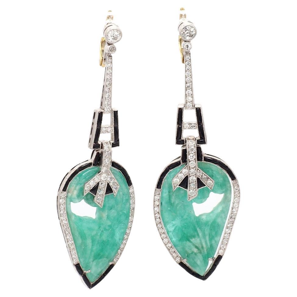 Platinum Earrings with Carved Emeralds, Round Brilliant Cut Diamonds, and Onyx A For Sale