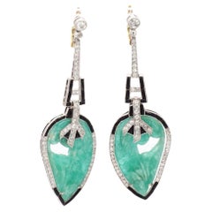 Platinum Earrings with Carved Emeralds, Round Brilliant Cut Diamonds, and Onyx A
