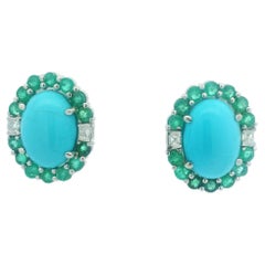 Platinum Earrings with Persian Turquoise (20 Ct), Emeralds (4.2 Ct) and Diamonds