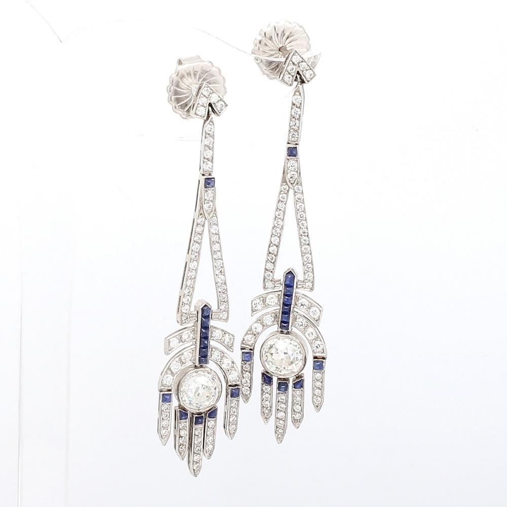 Old European Cut Platinum Earrings with Round Sapphire & VS1 Diamonds For Sale