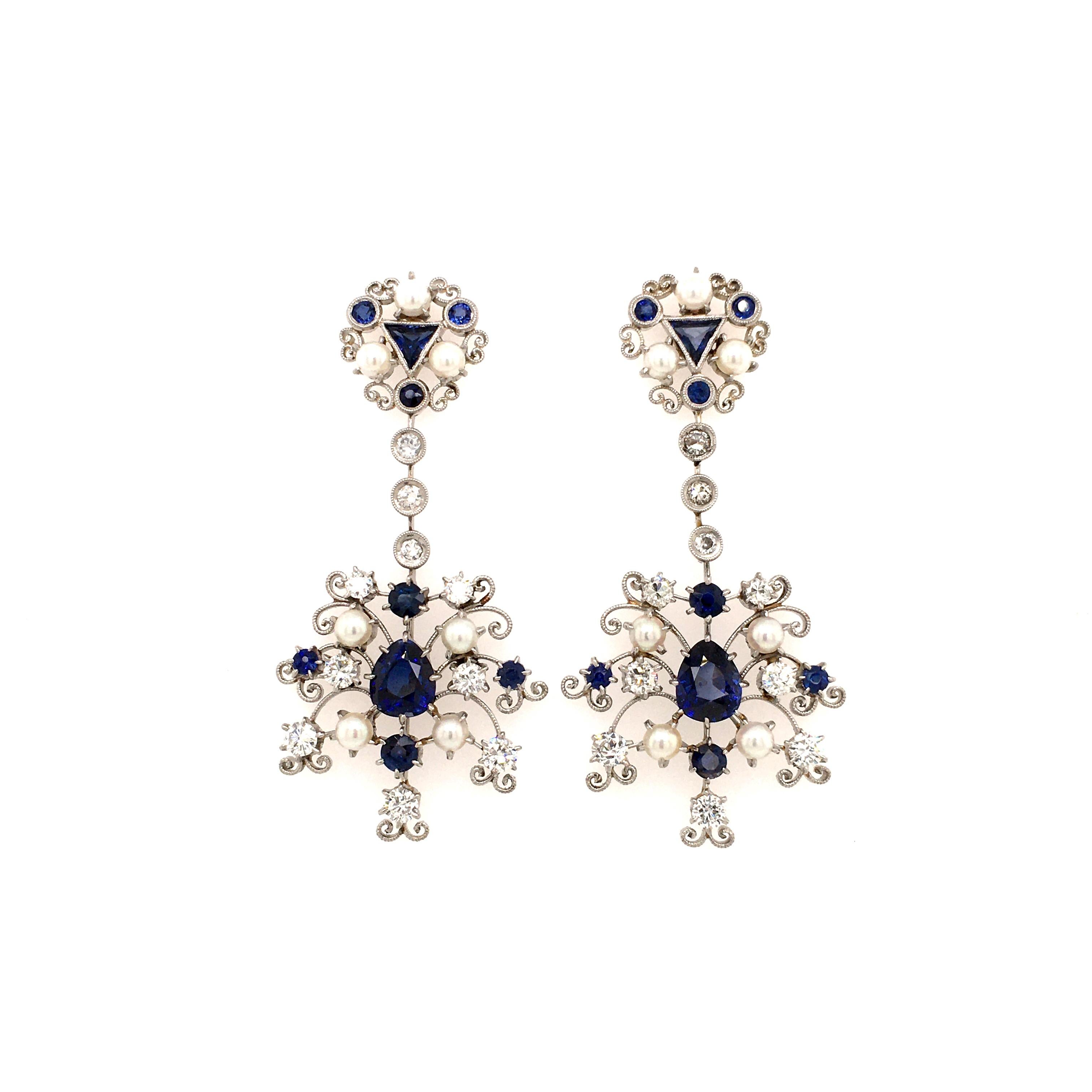 Modern Platinum Earstuds with Sapphires, Diamonds, and Cultured Pearls