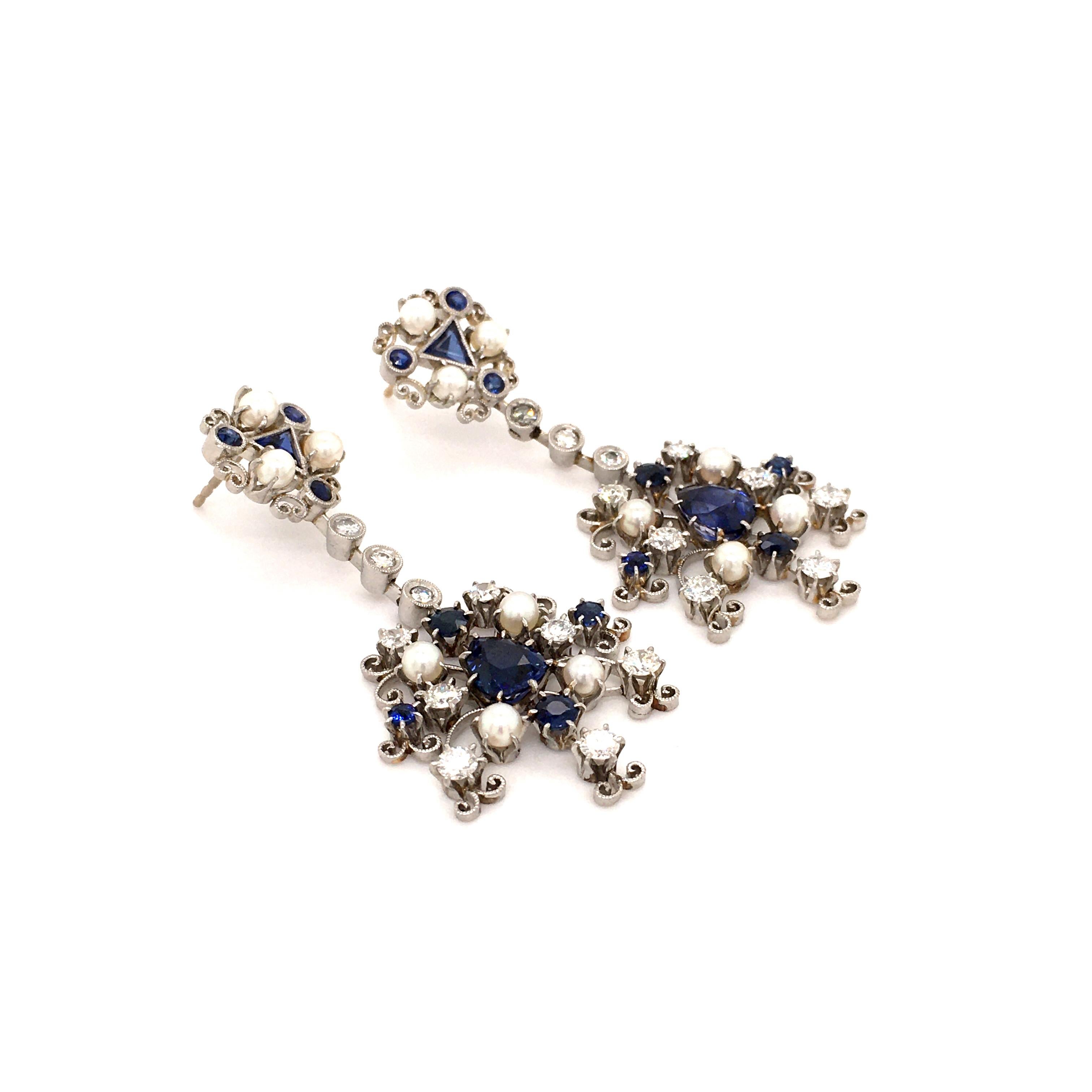 Women's or Men's Platinum Earstuds with Sapphires, Diamonds, and Cultured Pearls
