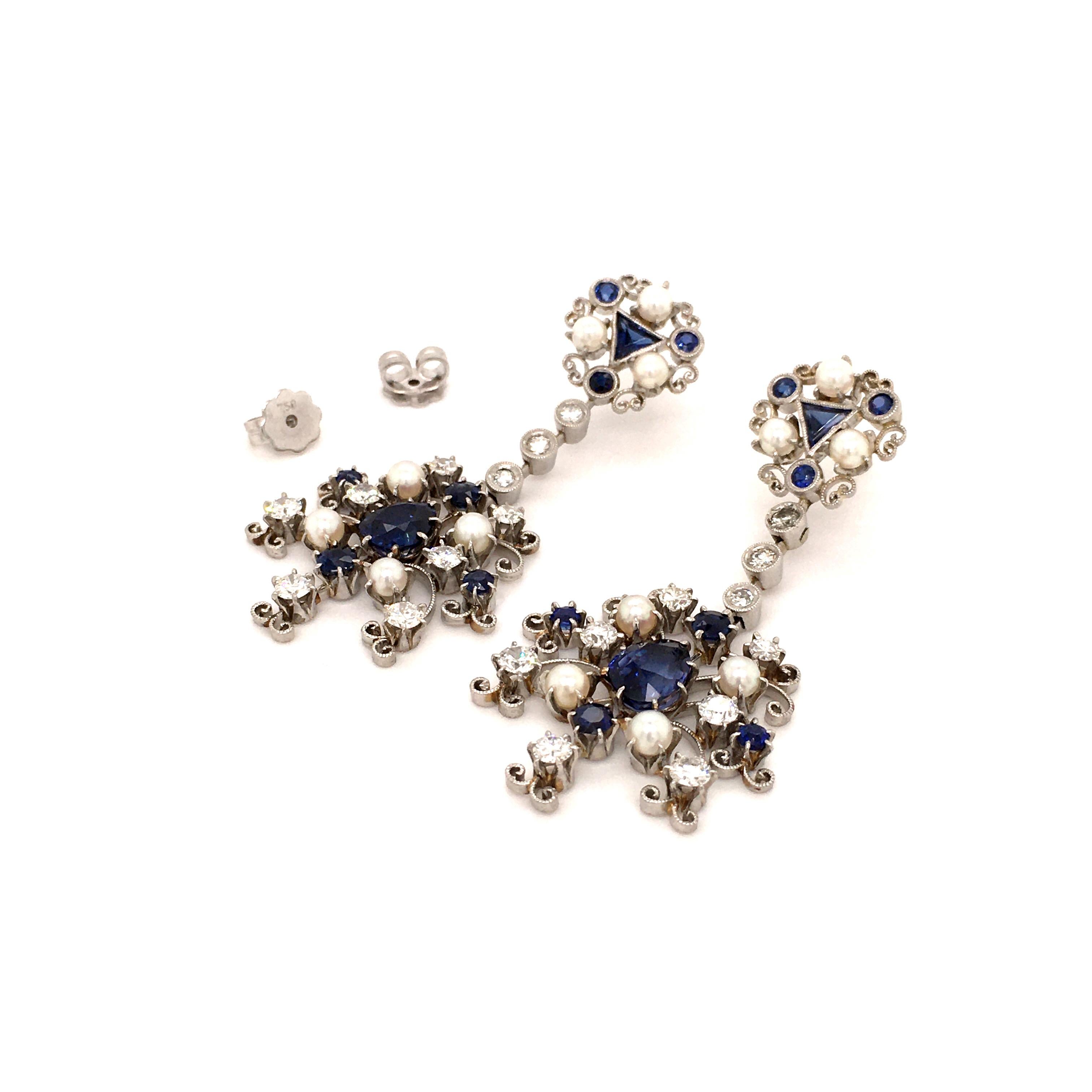 Platinum Earstuds with Sapphires, Diamonds, and Cultured Pearls 3