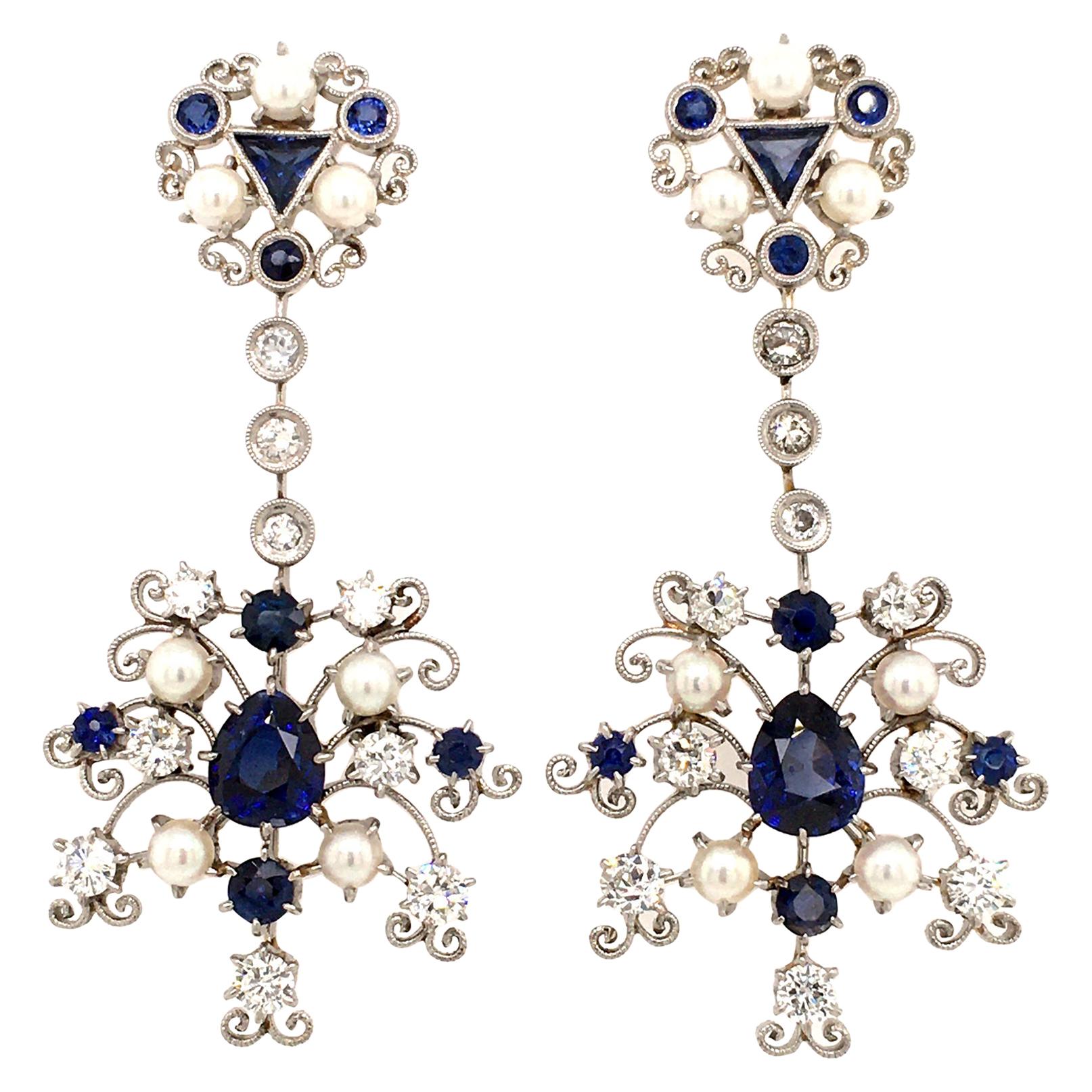 Platinum Earstuds with Sapphires, Diamonds, and Cultured Pearls