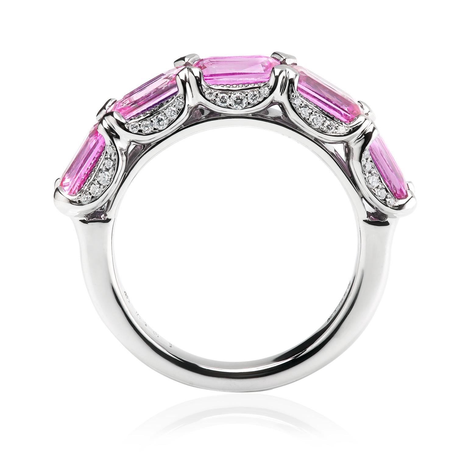 Express yourself with colors to show the world your sense of  fashion and taste! East-west set right-hand platinum ring is set with five beautiful pink sapphires, total weight 3.47 carat. Unique U-shaped shared prong design set with 50 full cut