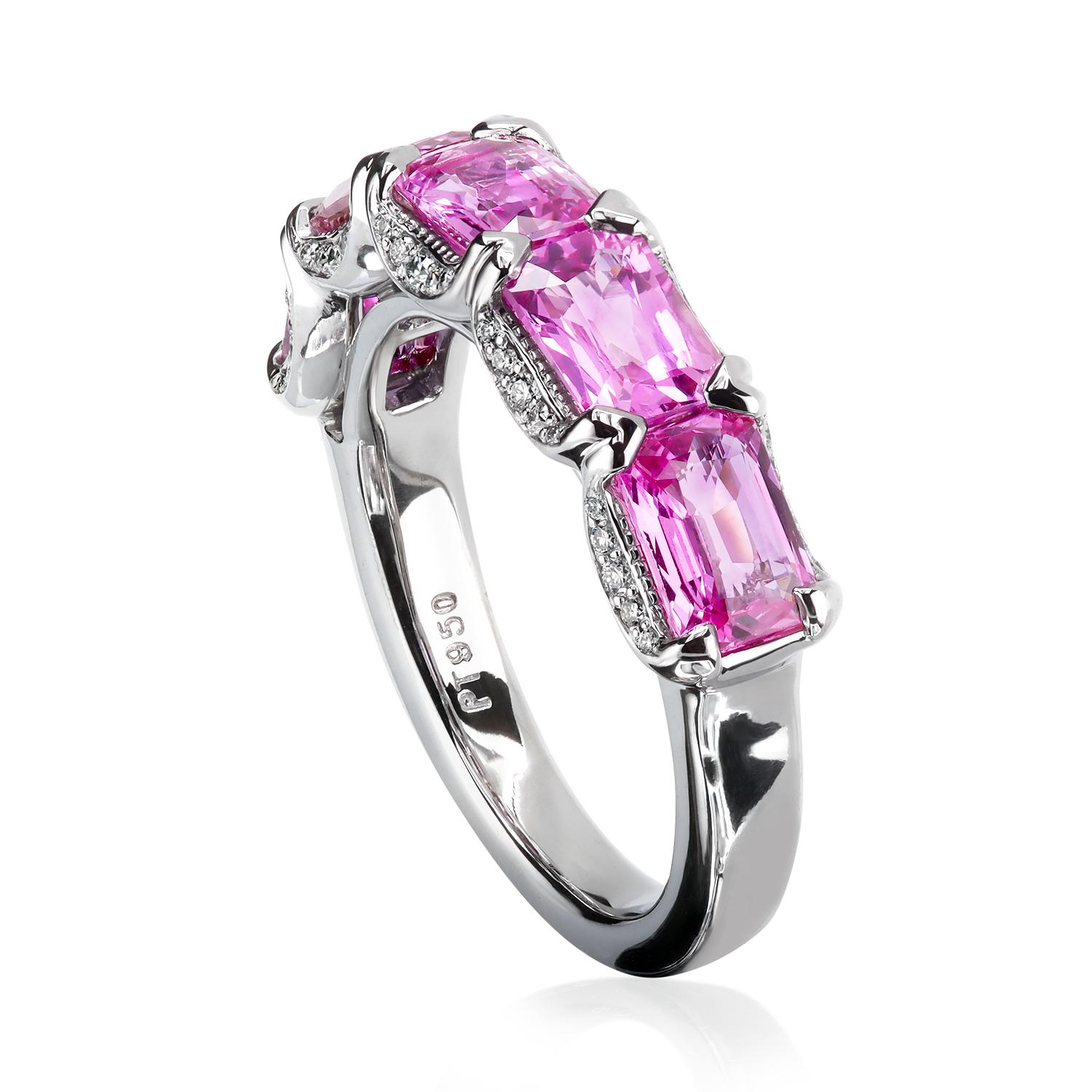 Contemporary Platinum East West Band with Pink Emerald Cut Natural Sapphires by Leon Mege