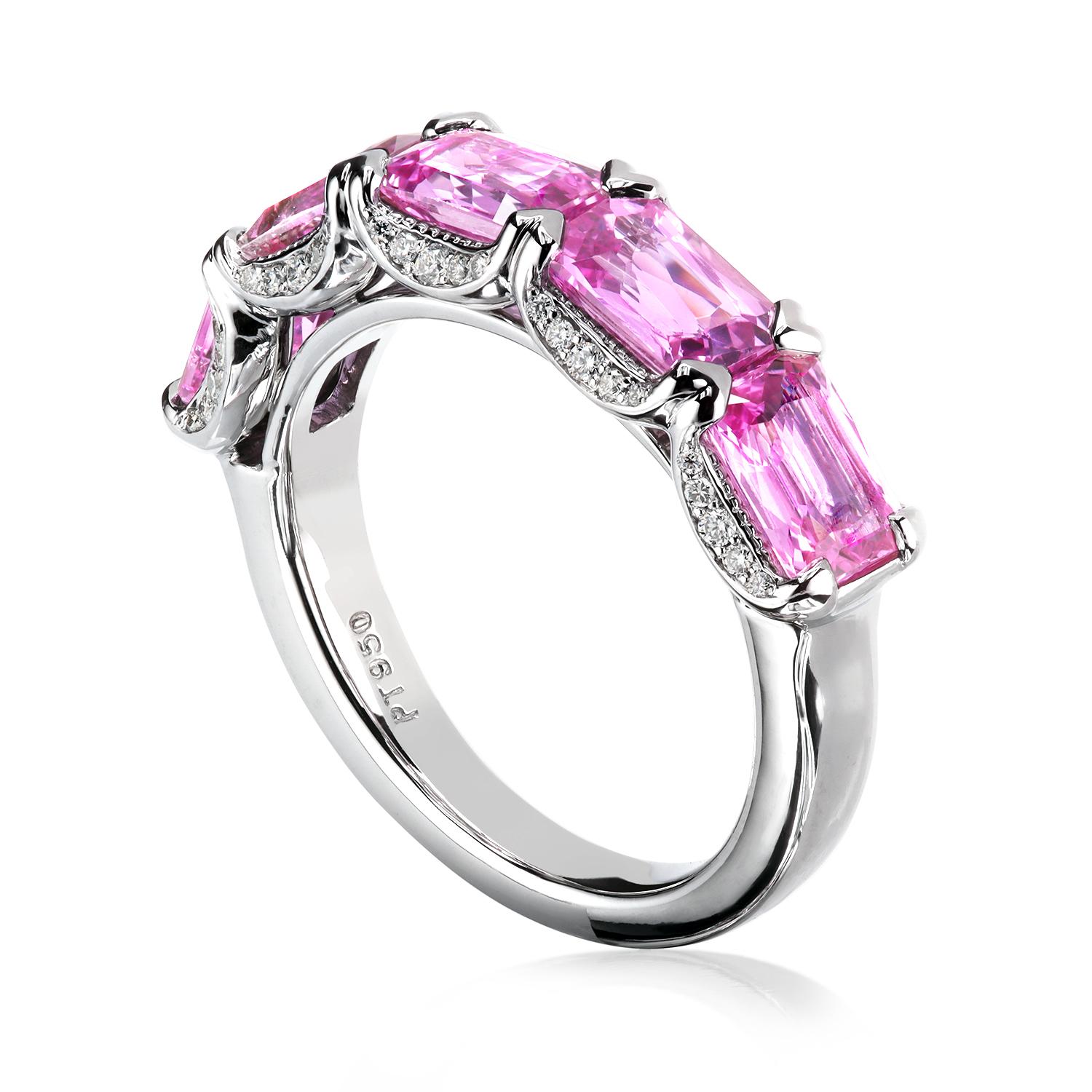 Platinum East West Band with Pink Emerald Cut Natural Sapphires by Leon Mege In New Condition In New York, NY