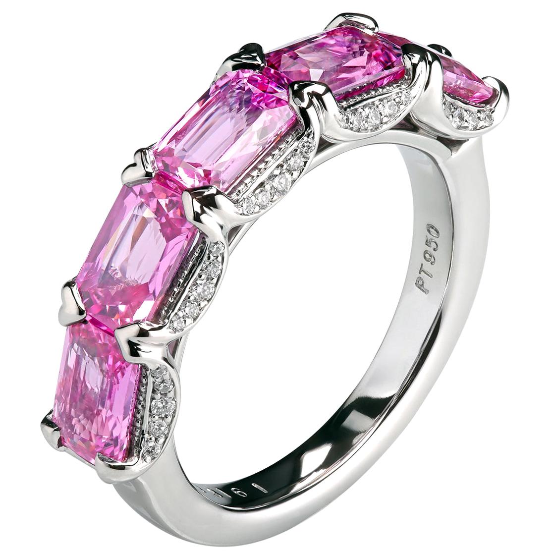 Platinum East West Band with Pink Emerald Cut Natural Sapphires by Leon Mege