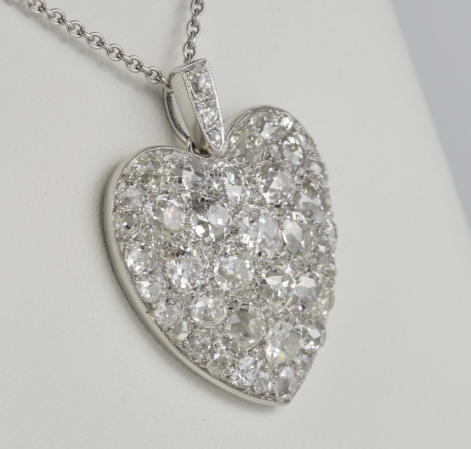 Old Mine Cut Platinum Edwardian 6.0 Carat Mine Cut Diamond Rare Sentimental Heart Necklace