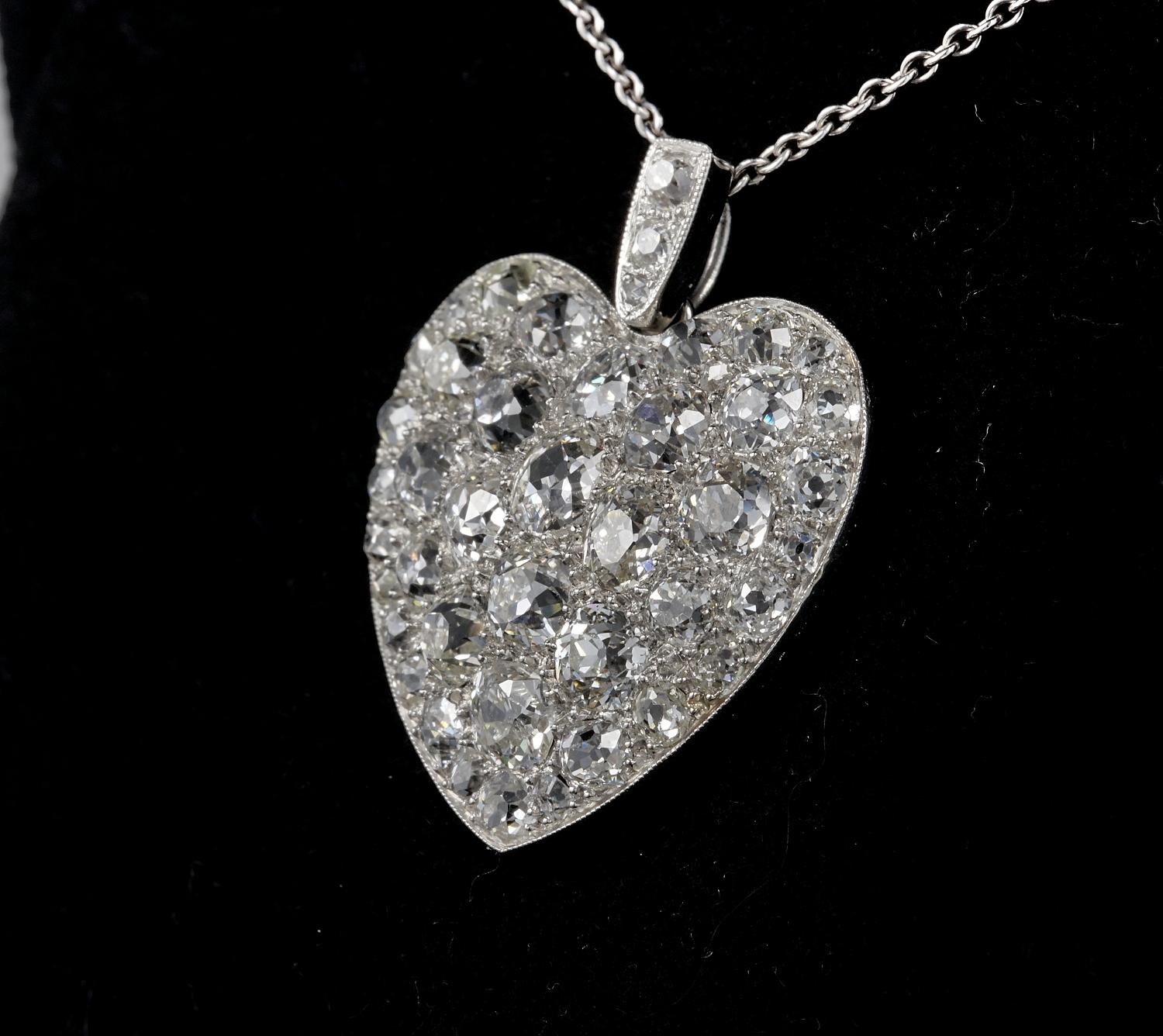 Platinum Edwardian 6.0 Carat Mine Cut Diamond Rare Sentimental Heart Necklace 1