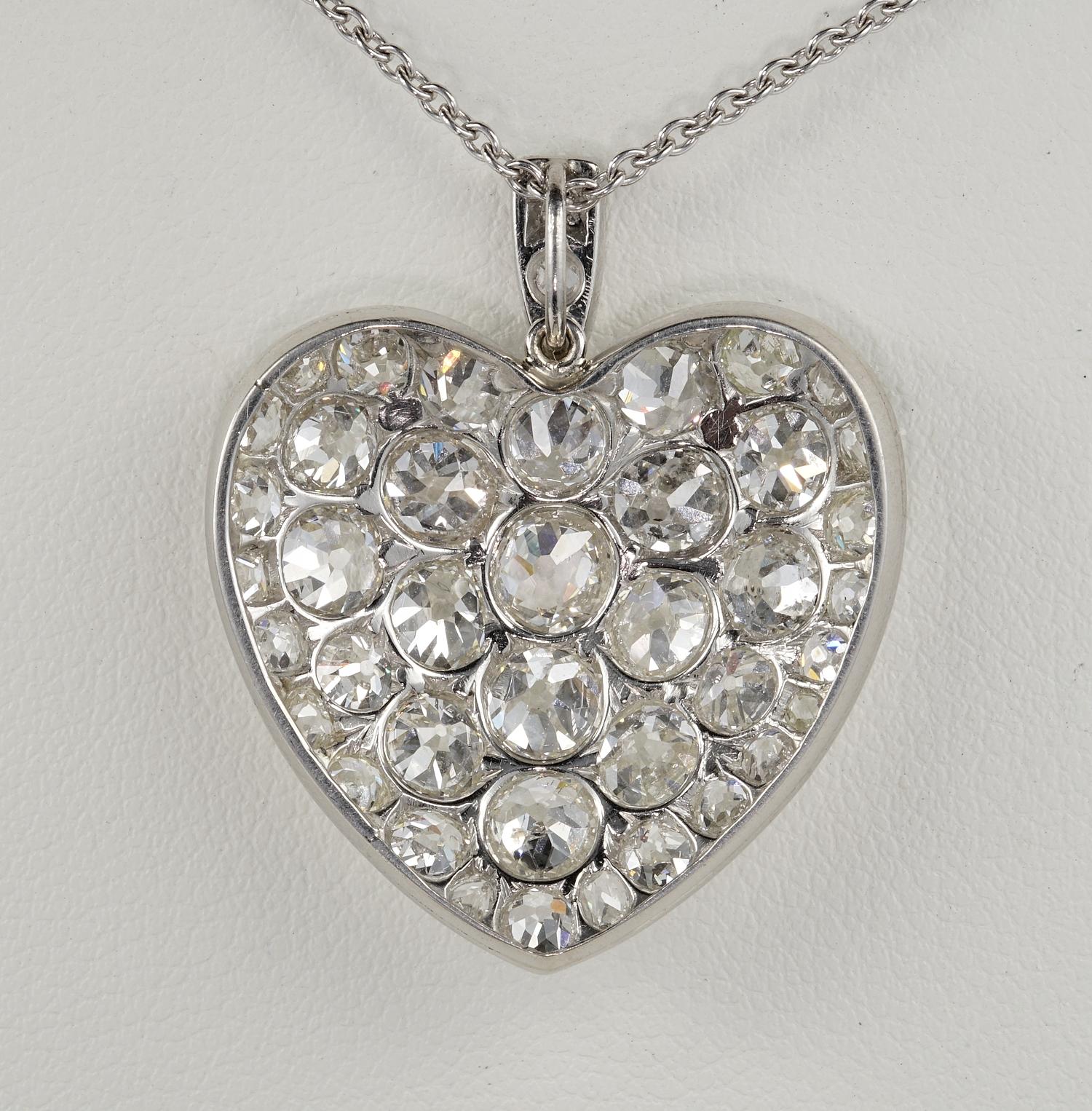 Platinum Edwardian 6.0 Carat Mine Cut Diamond Rare Sentimental Heart Necklace 2