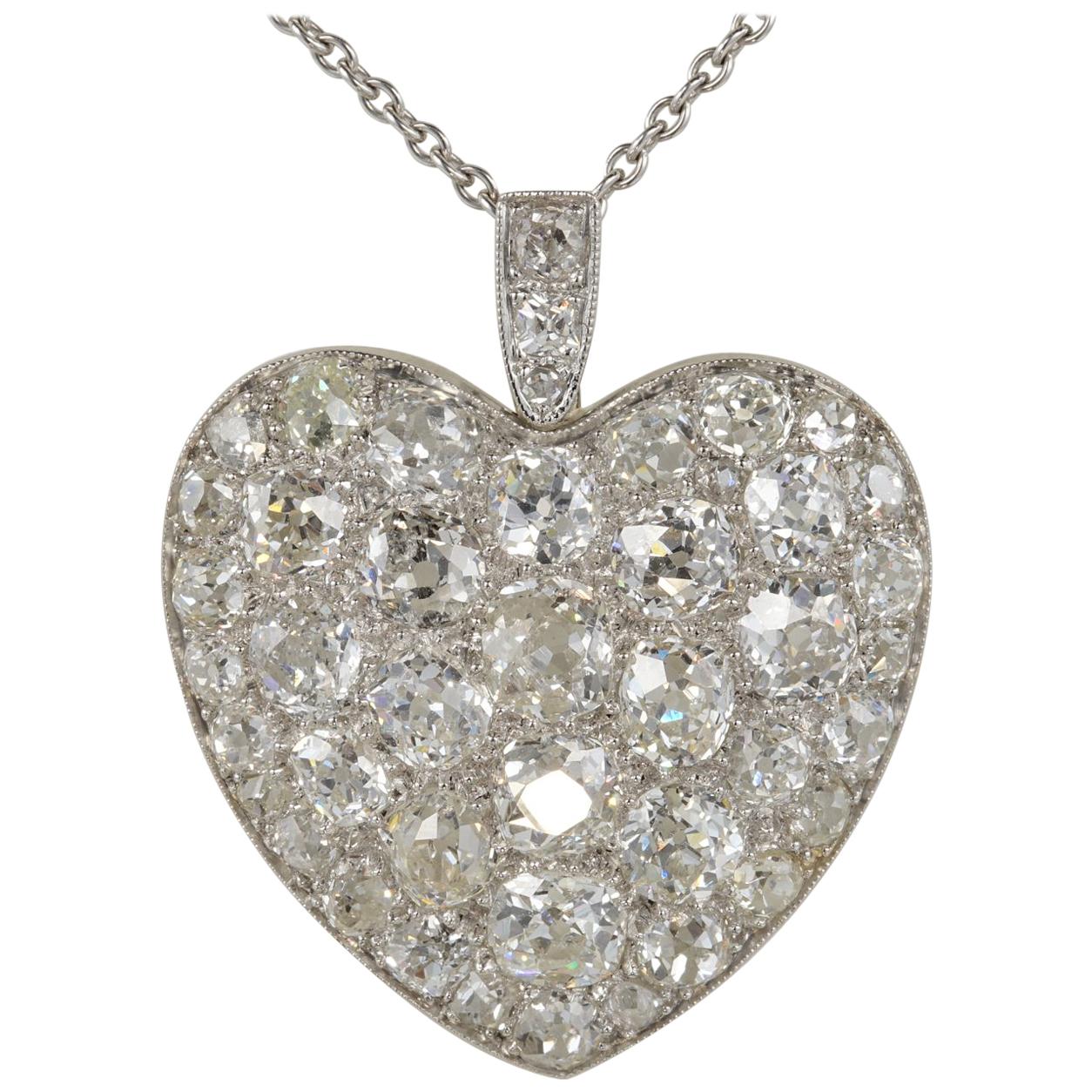 Platinum Edwardian 6.0 Carat Mine Cut Diamond Rare Sentimental Heart Necklace