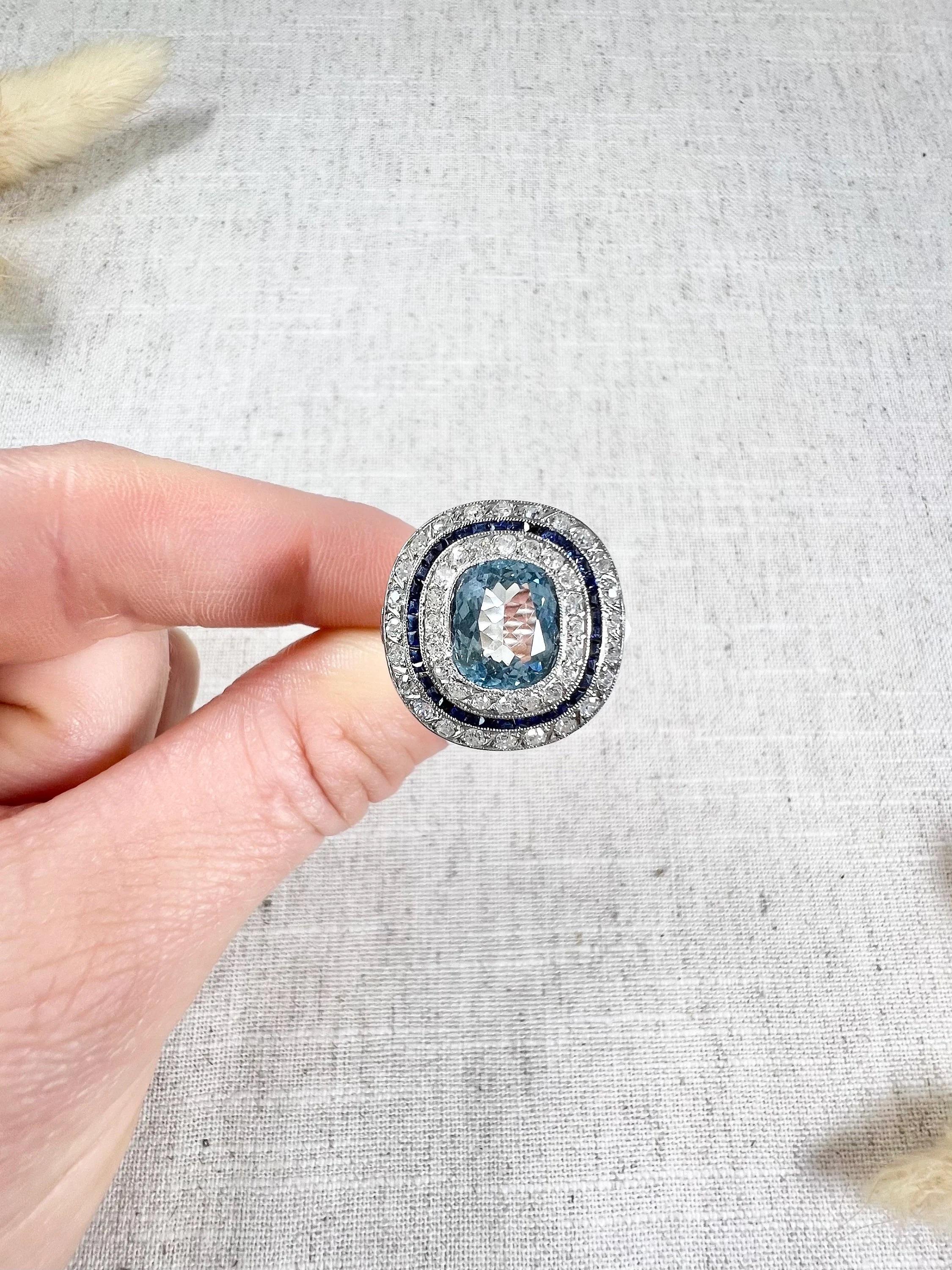 Platinum Edwardian Cushion Cut Aquamarine, Old Cut Diamond & Sapphire Halo Ring For Sale 6
