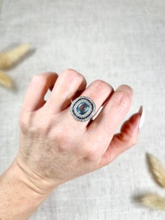 Platinum Edwardian Cushion Cut Aquamarine, Old Cut Diamond & Sapphire Halo Ring