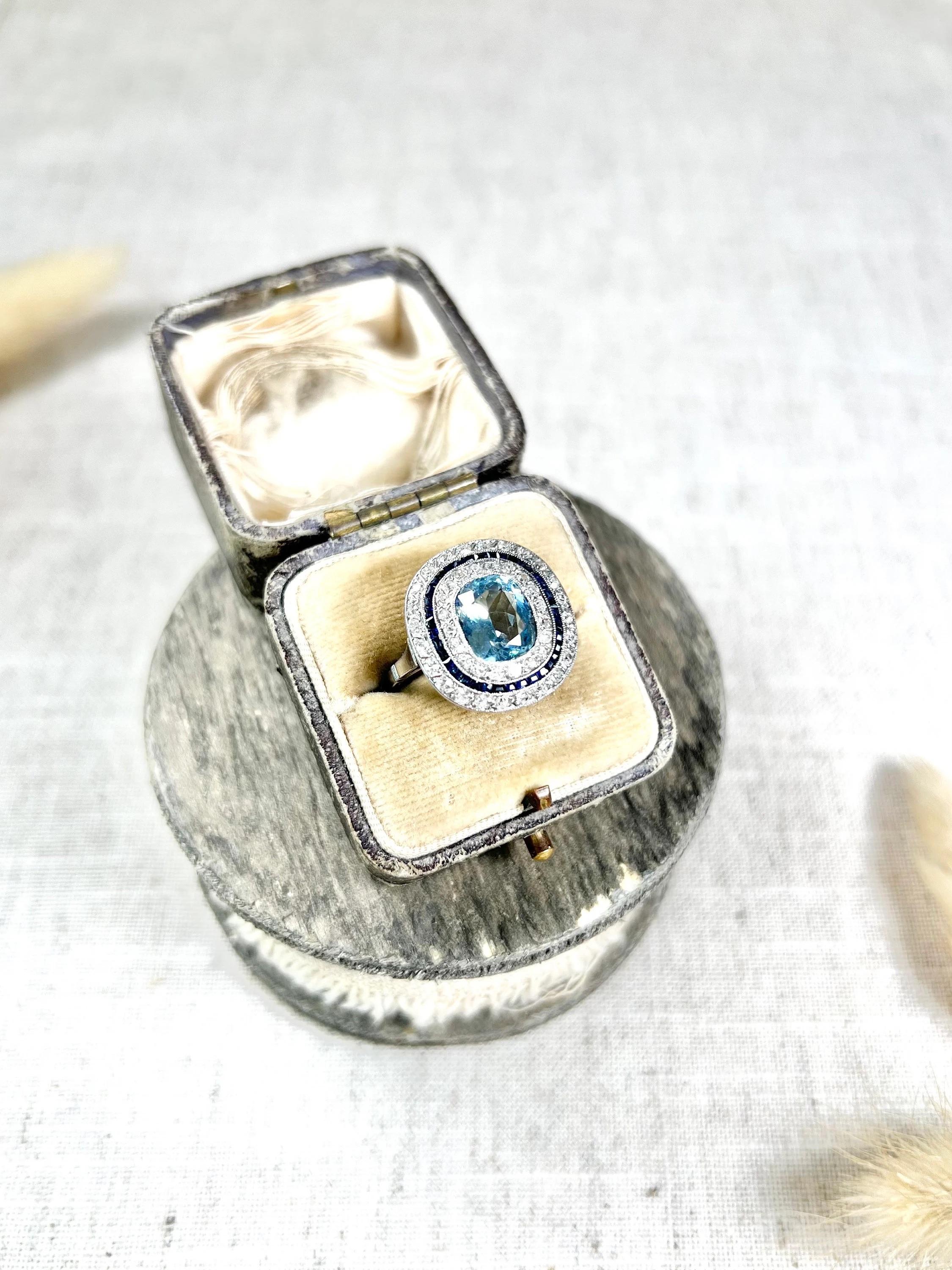 Women's or Men's Platinum Edwardian Cushion Cut Aquamarine, Old Cut Diamond & Sapphire Halo Ring For Sale