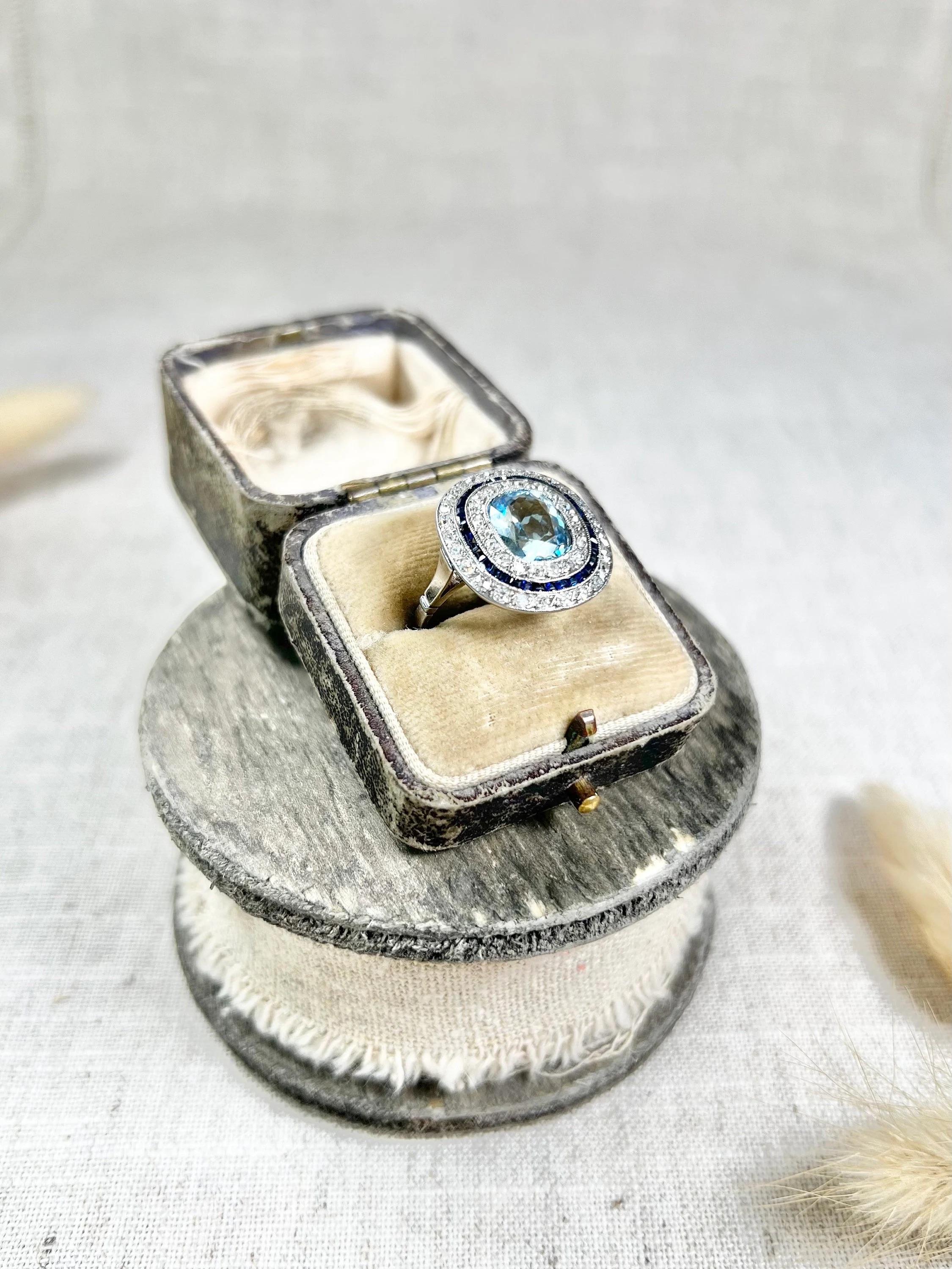 Platinum Edwardian Cushion Cut Aquamarine, Old Cut Diamond & Sapphire Halo Ring For Sale 1