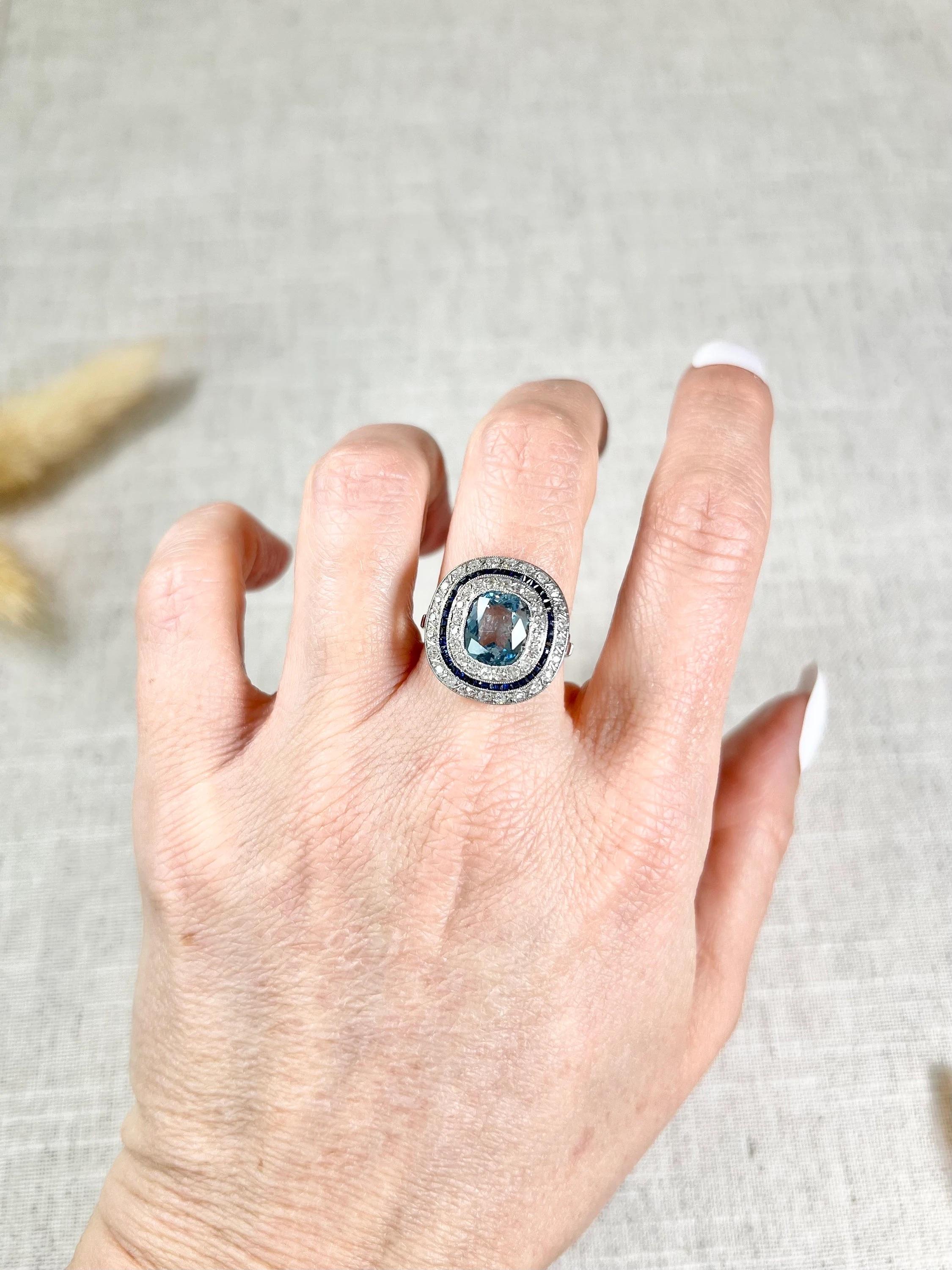 Platinum Edwardian Cushion Cut Aquamarine, Old Cut Diamond & Sapphire Halo Ring For Sale 3