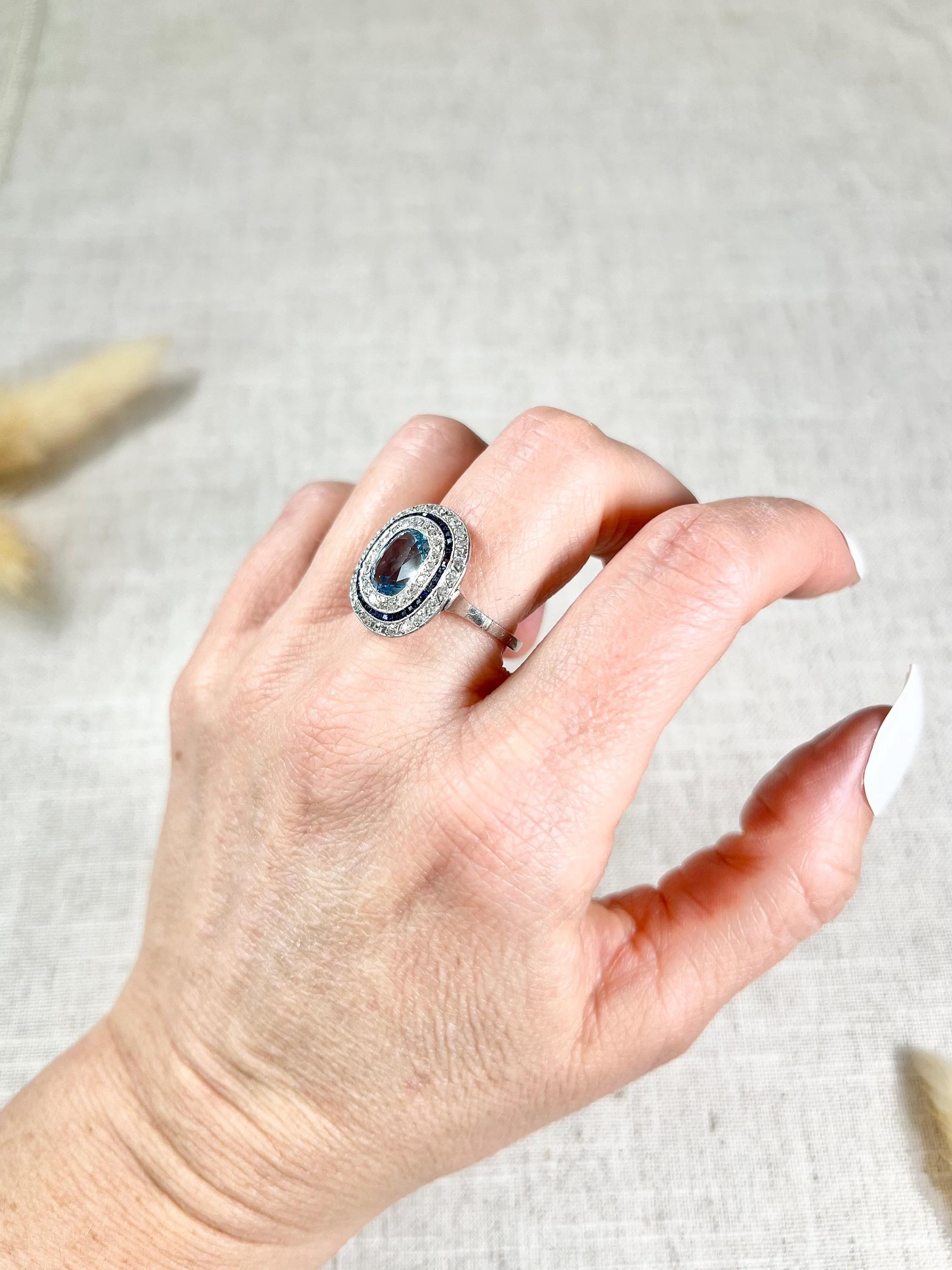 Platinum Edwardian Cushion Cut Aquamarine, Old Cut Diamond & Sapphire Halo Ring For Sale 4