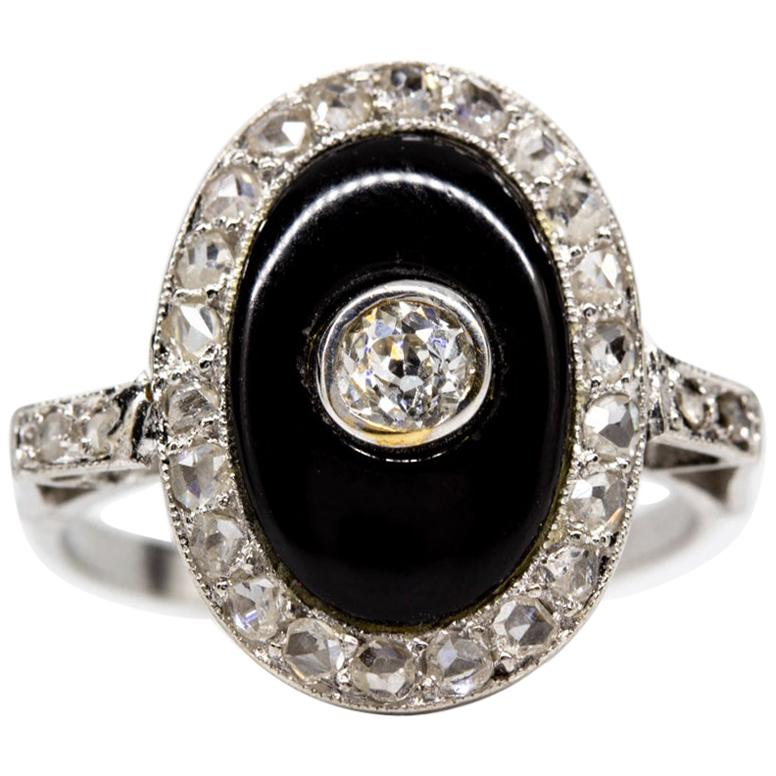 Platinum Edwardian Diamond and Onyx Ring