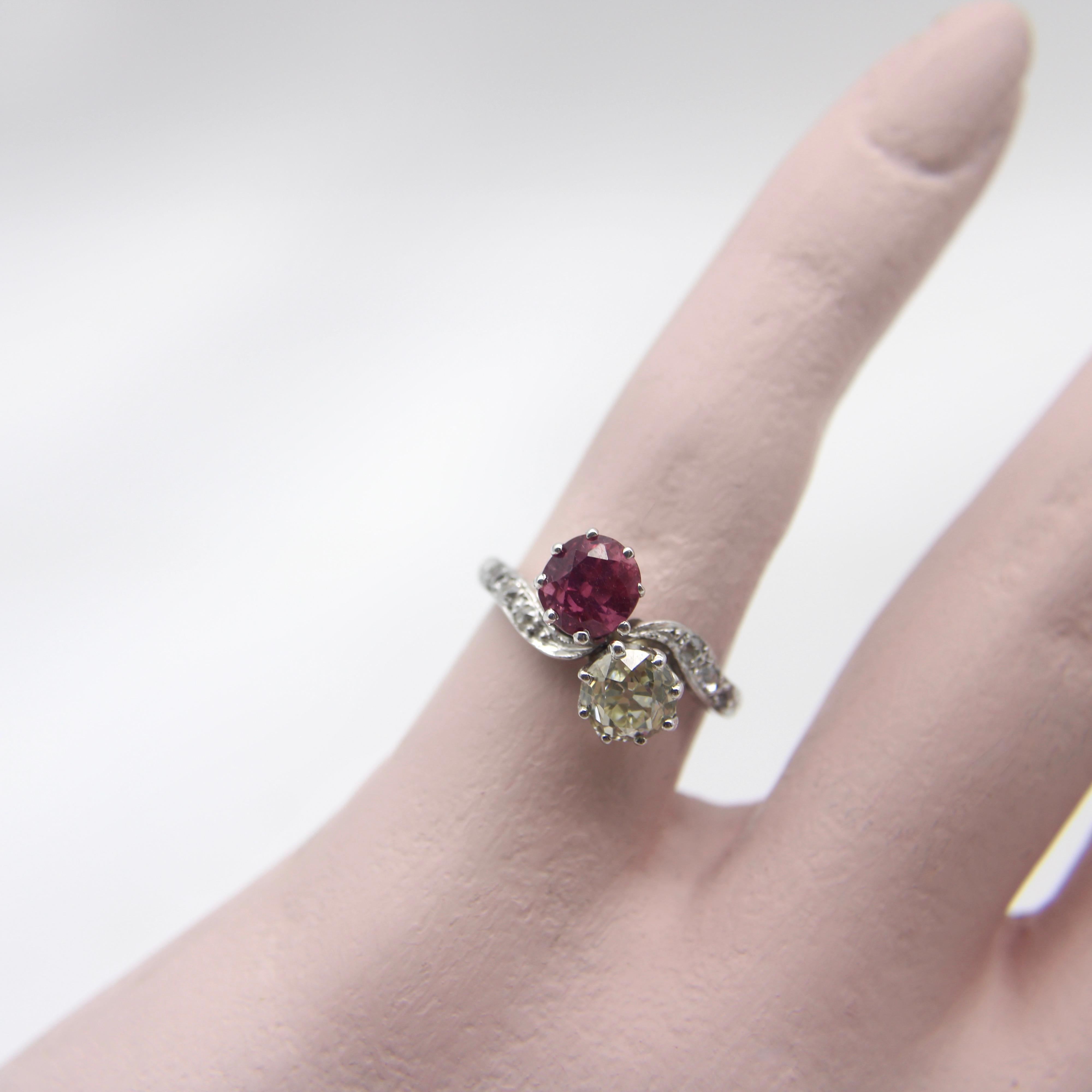 Platinum Edwardian Diamond and Ruby Toi et Moi Ring  For Sale 5