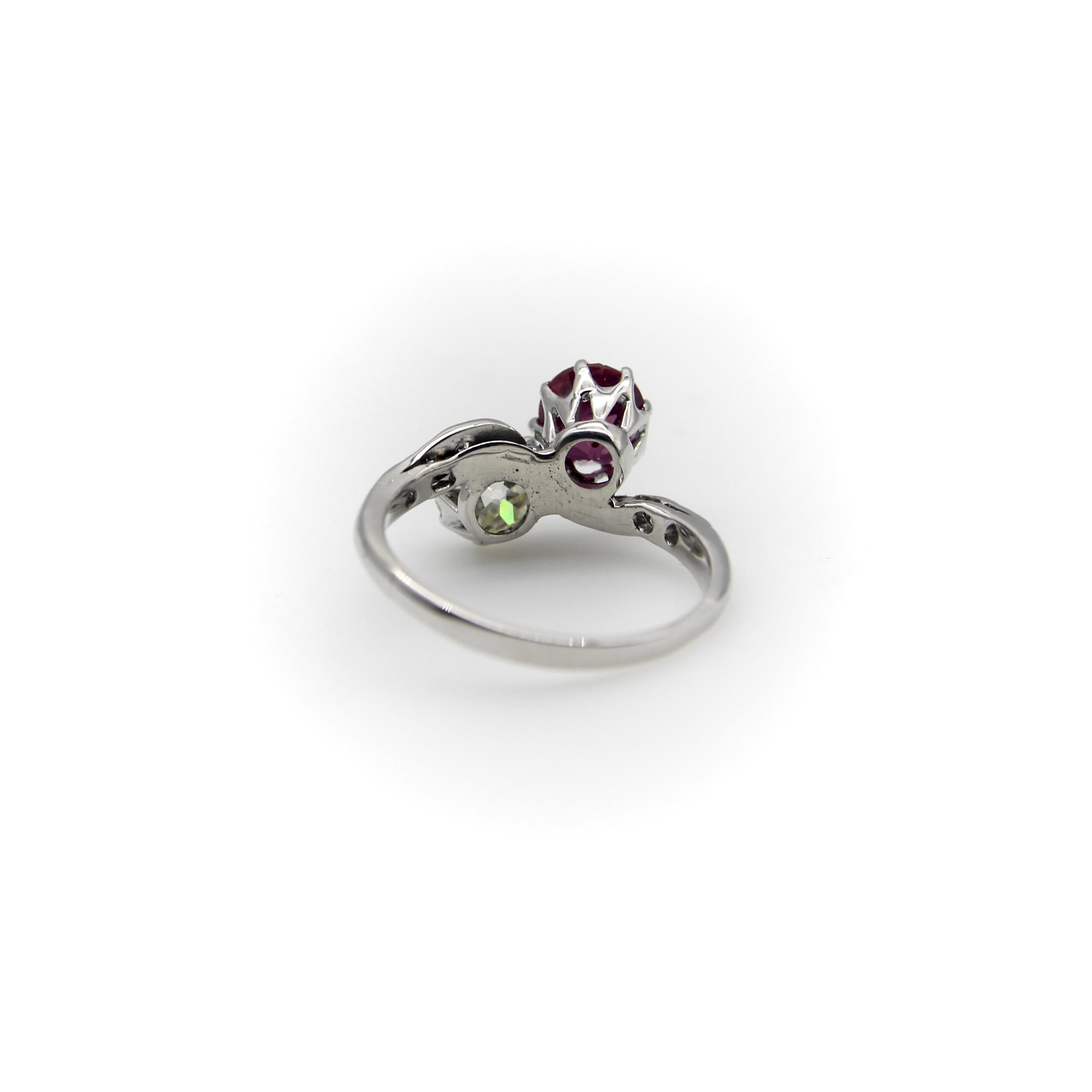 Old European Cut Platinum Edwardian Diamond and Ruby Toi et Moi Ring  For Sale
