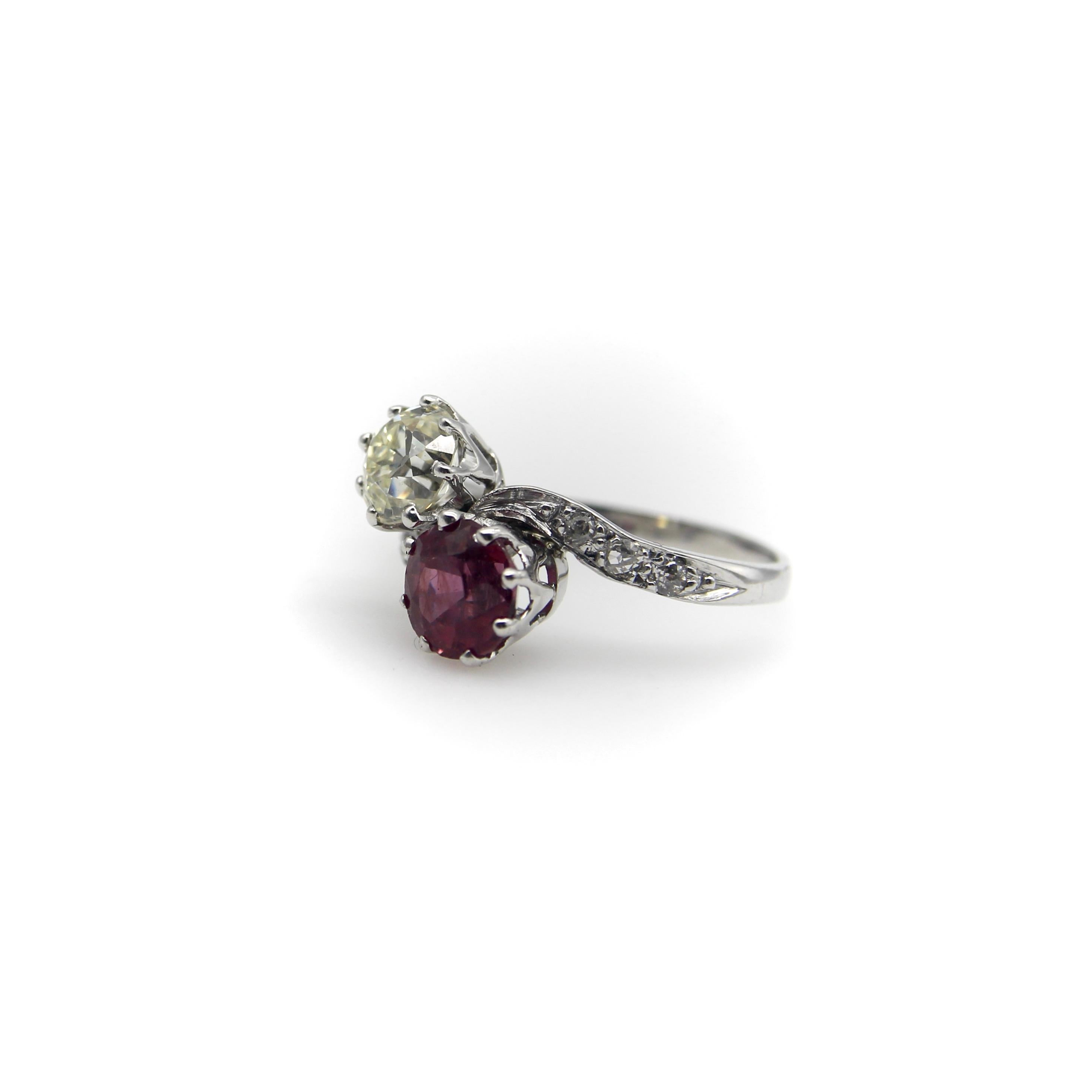 Platinum Edwardian Diamond and Ruby Toi et Moi Ring  For Sale 1