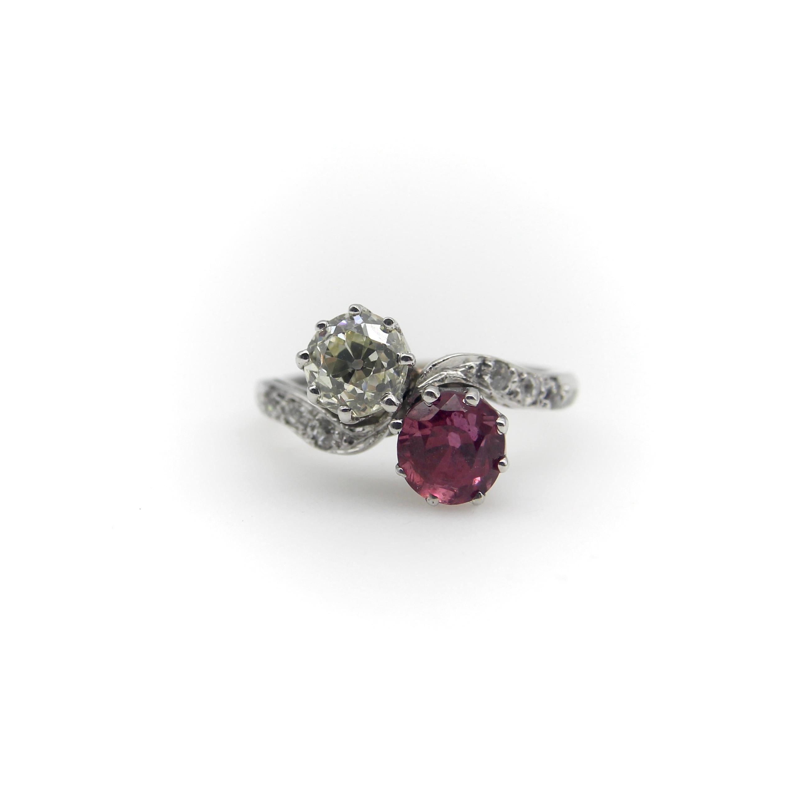 Platinum Edwardian Diamond and Ruby Toi et Moi Ring  For Sale 2