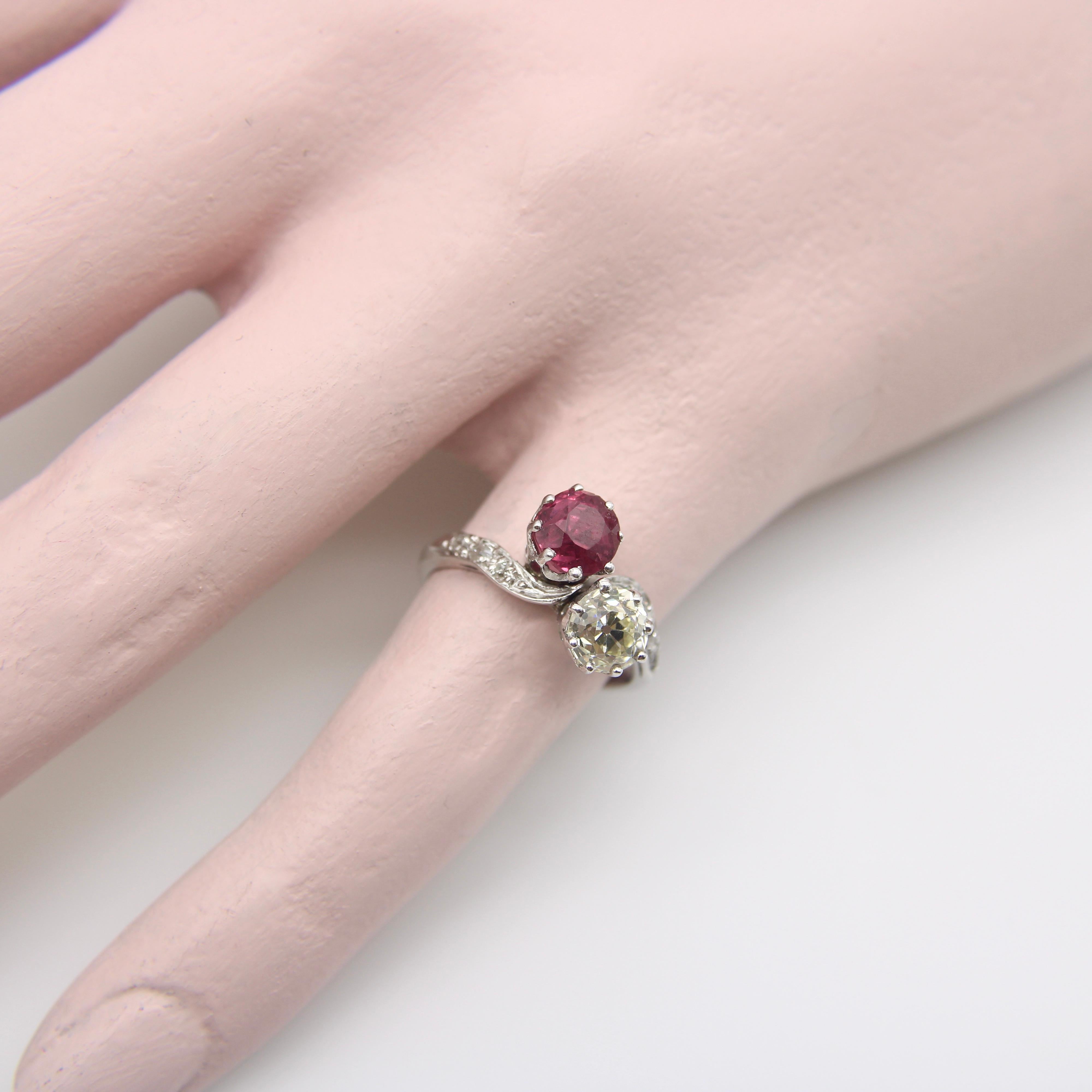 Platinum Edwardian Diamond and Ruby Toi et Moi Ring  For Sale 4