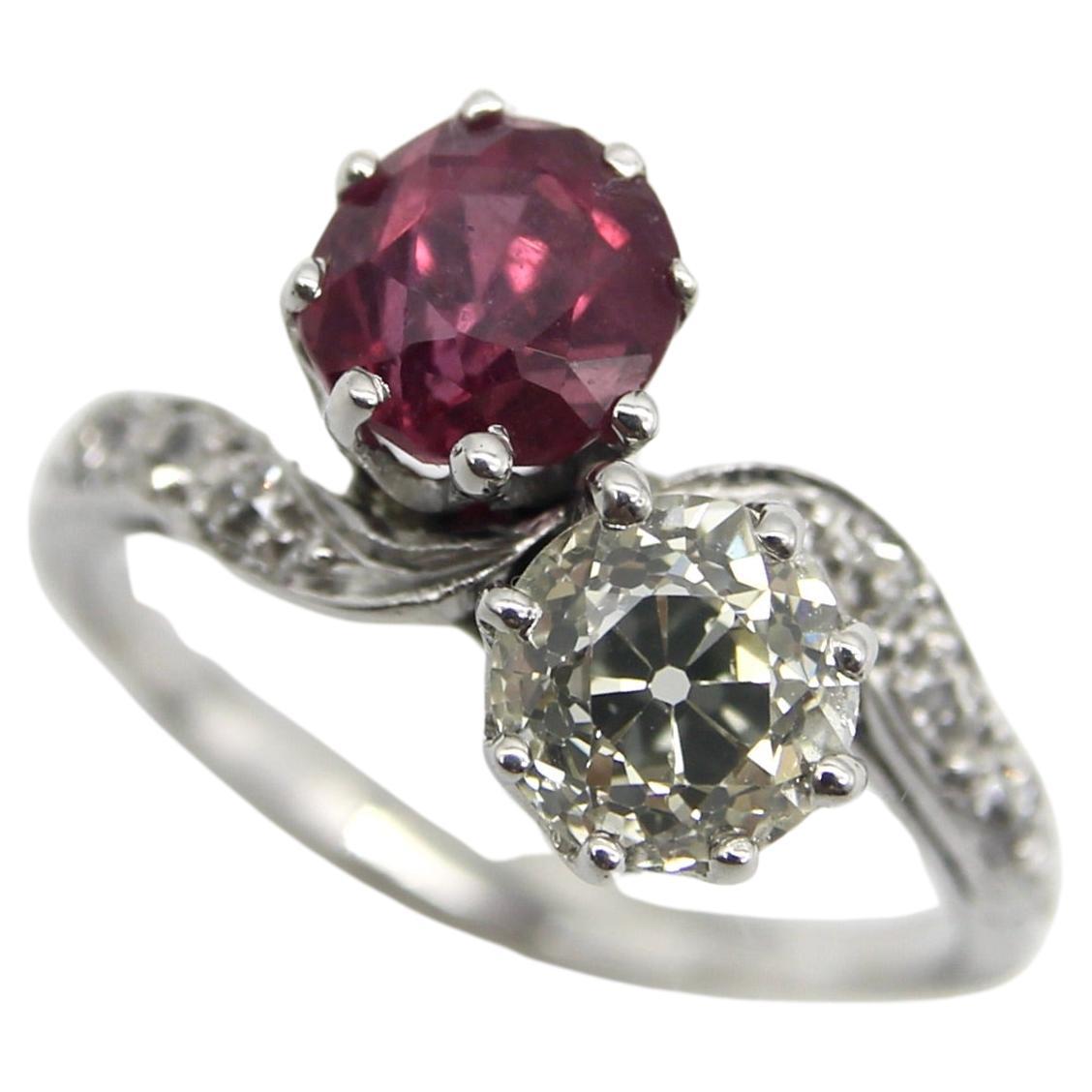 Platinum Edwardian Diamond and Ruby Toi et Moi Ring  For Sale