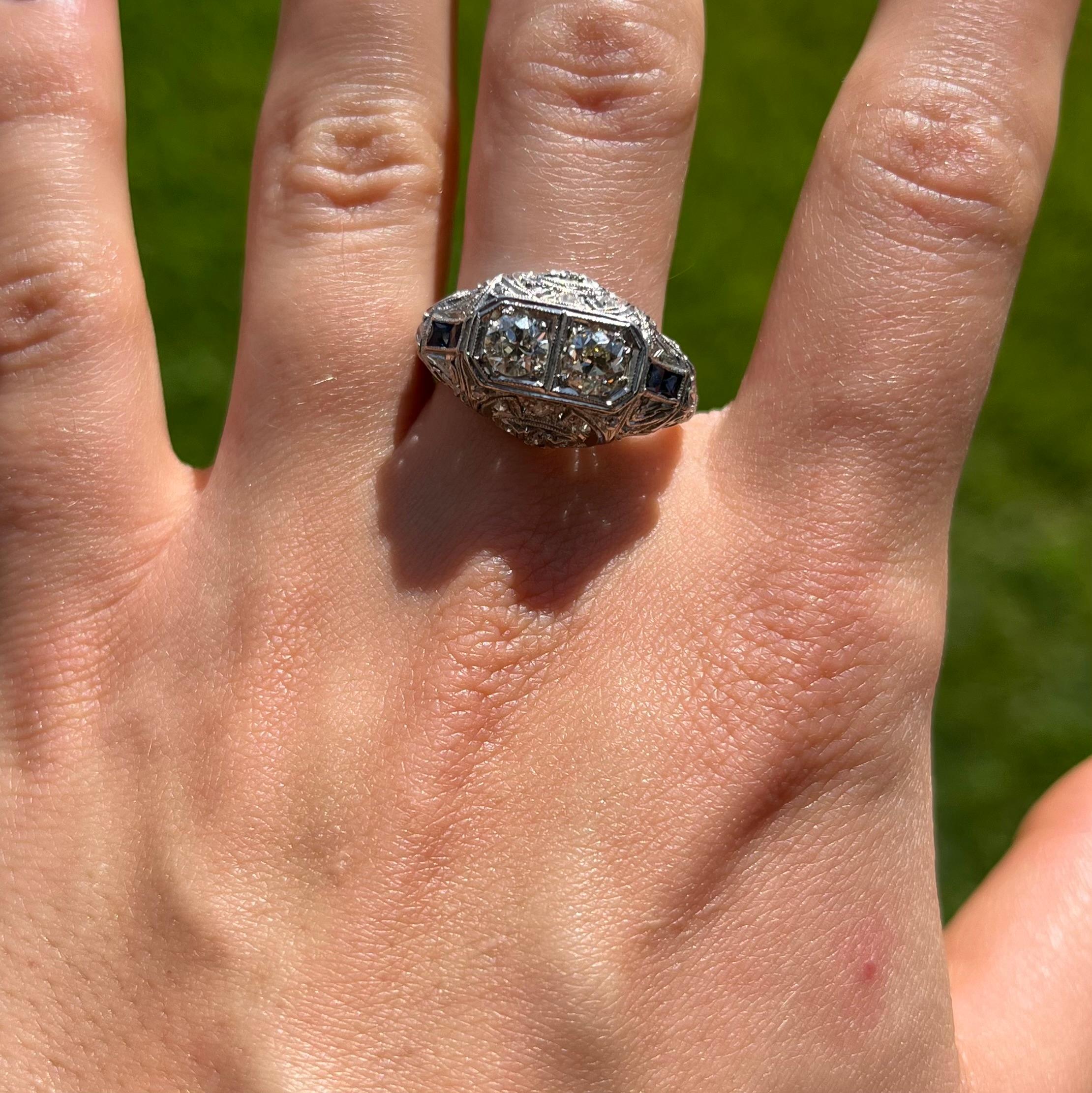 Old European Cut Platinum Edwardian Diamond and Sapphire Ring For Sale