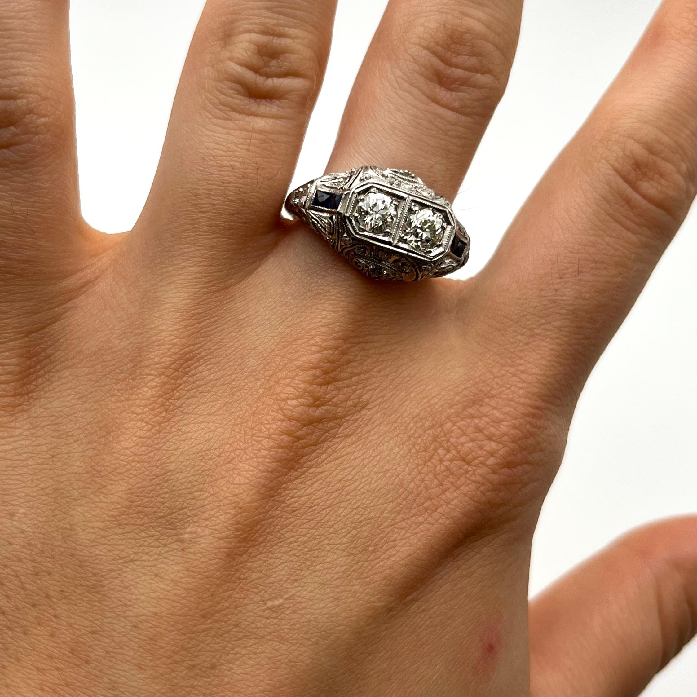 Platinum Edwardian Diamond and Sapphire Ring In Good Condition For Sale In Lynchburg, VA